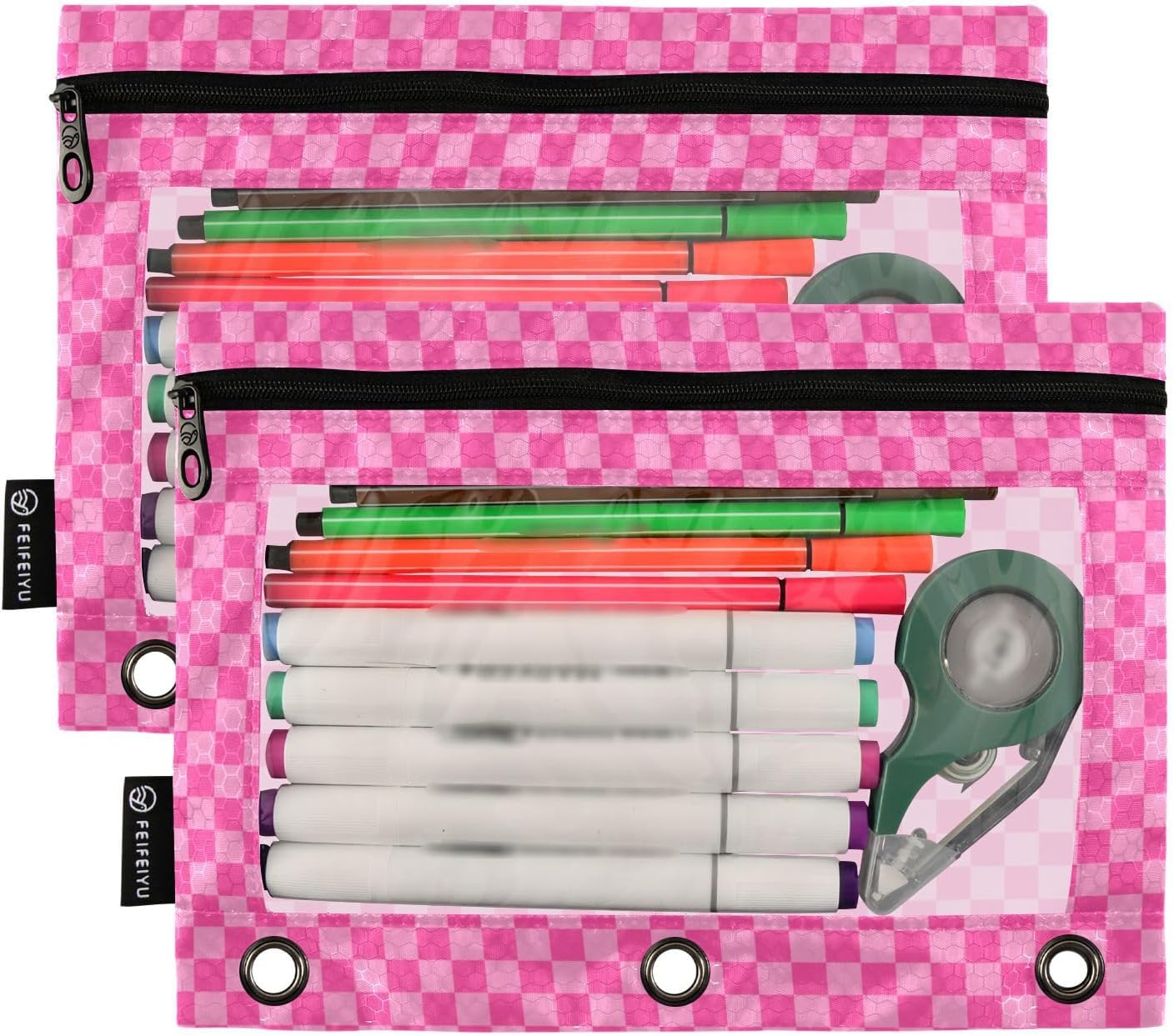Pink Checkered Pencil Pouch for 3 Ring Binder 2 Pack Binder Pencil Pouches Zippered Clear Pencil Case Cosmetic Bag for Home Office College Supplies image 2