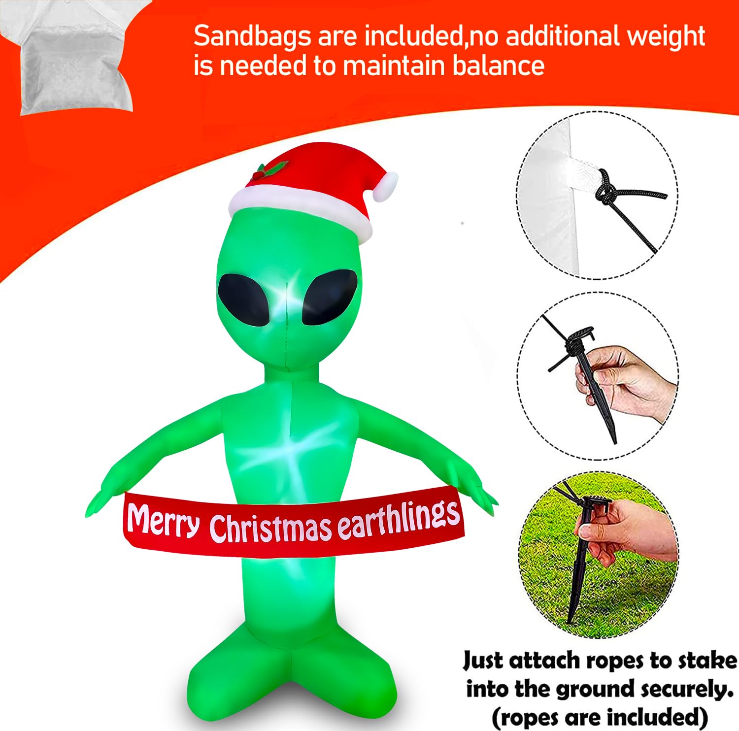 JOYEASE Straniero gonfiabile natalizio da 1,8 m con scritta Merry Christmas Earthlings Banner Decorazioni illuminate a LED per feste per interni ed esterni, giardino, cortile, decorazione