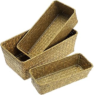 Sumnacon 3pcs Panier de Rangement Panier pour étagère Boîte de Rangement Tissage en rotin (Rectangle,Naturel)
