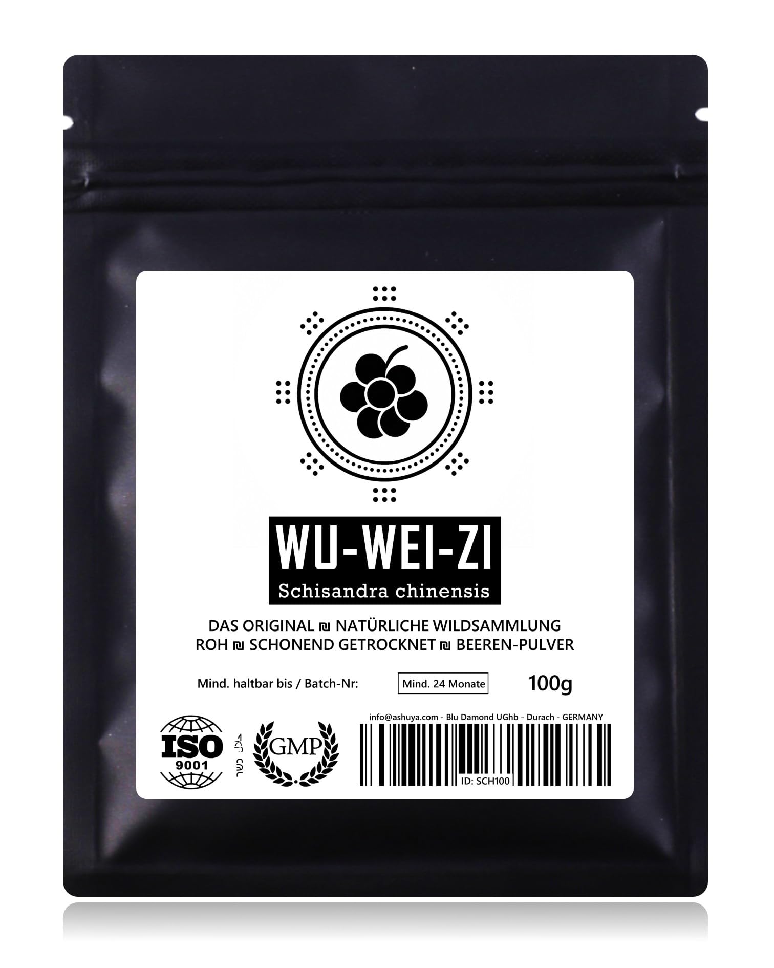 WU-WEI-ZI Poudre de baies de Schisandra - Récolte sauvage naturelle de montagne | 100% pur + testé en laboratoire | certifié GMP + ISO-9001 | parfait en infusion | séché délicatement | 100g