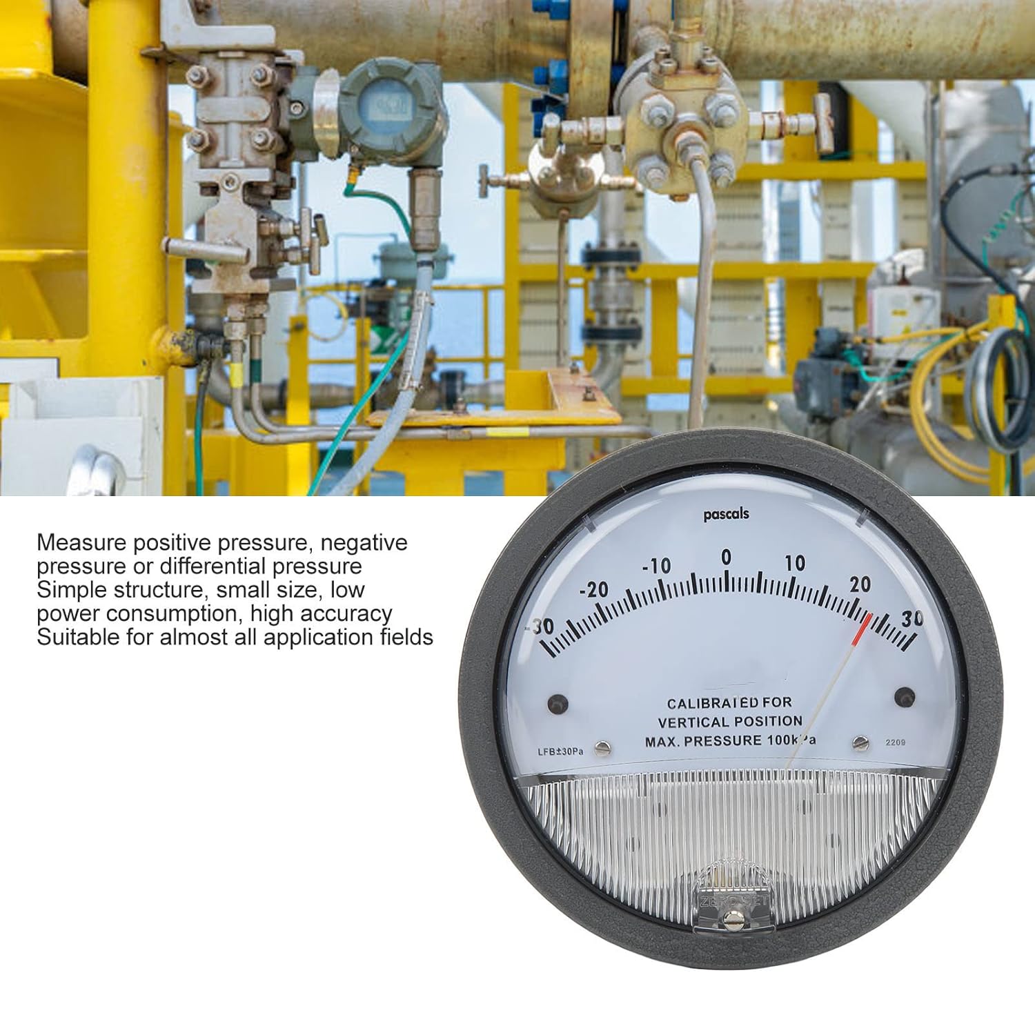 Pointer Pressure Gauge, Differential Pressure Detection Gauge Clean Room HVAC Filter Detection with Pointer Vacuum Components, Pressure and Vacuum Measurement Electrical Equipment for Clean Room