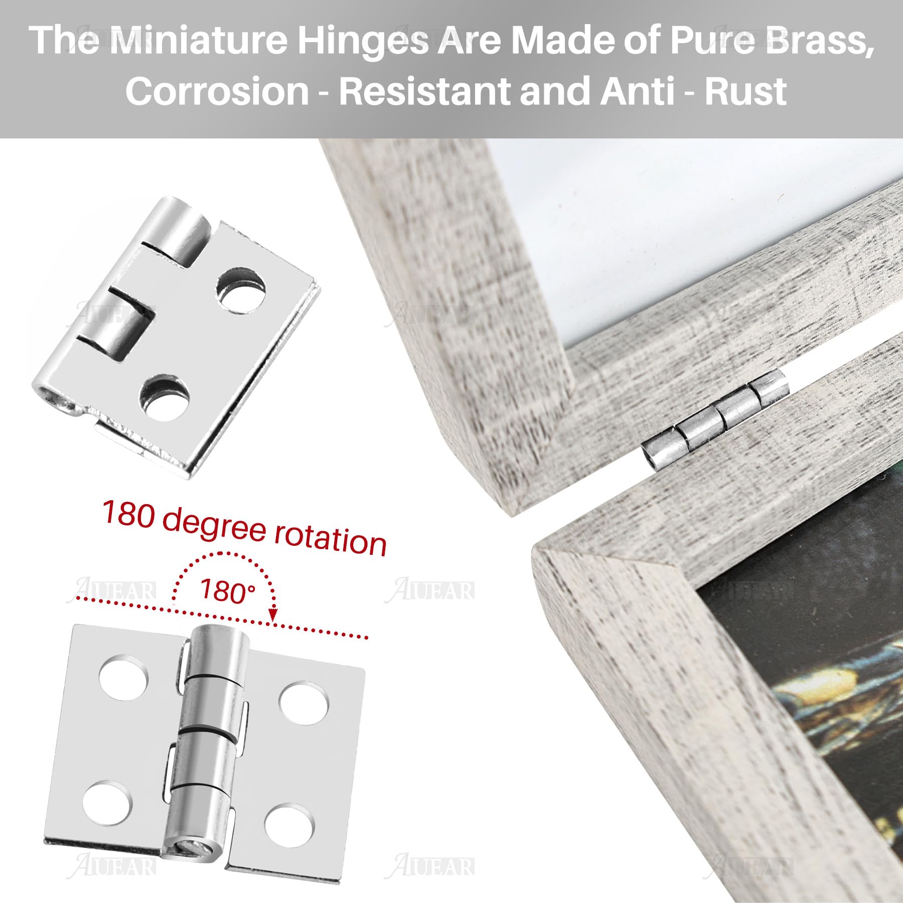 50 mini cerniere in metallo e 200 micro viti piccole per casa delle bambole, porte, armadietti, artigianato, portagioie in legno, decorazioni per esterni, 8 x 10 mm (metallo