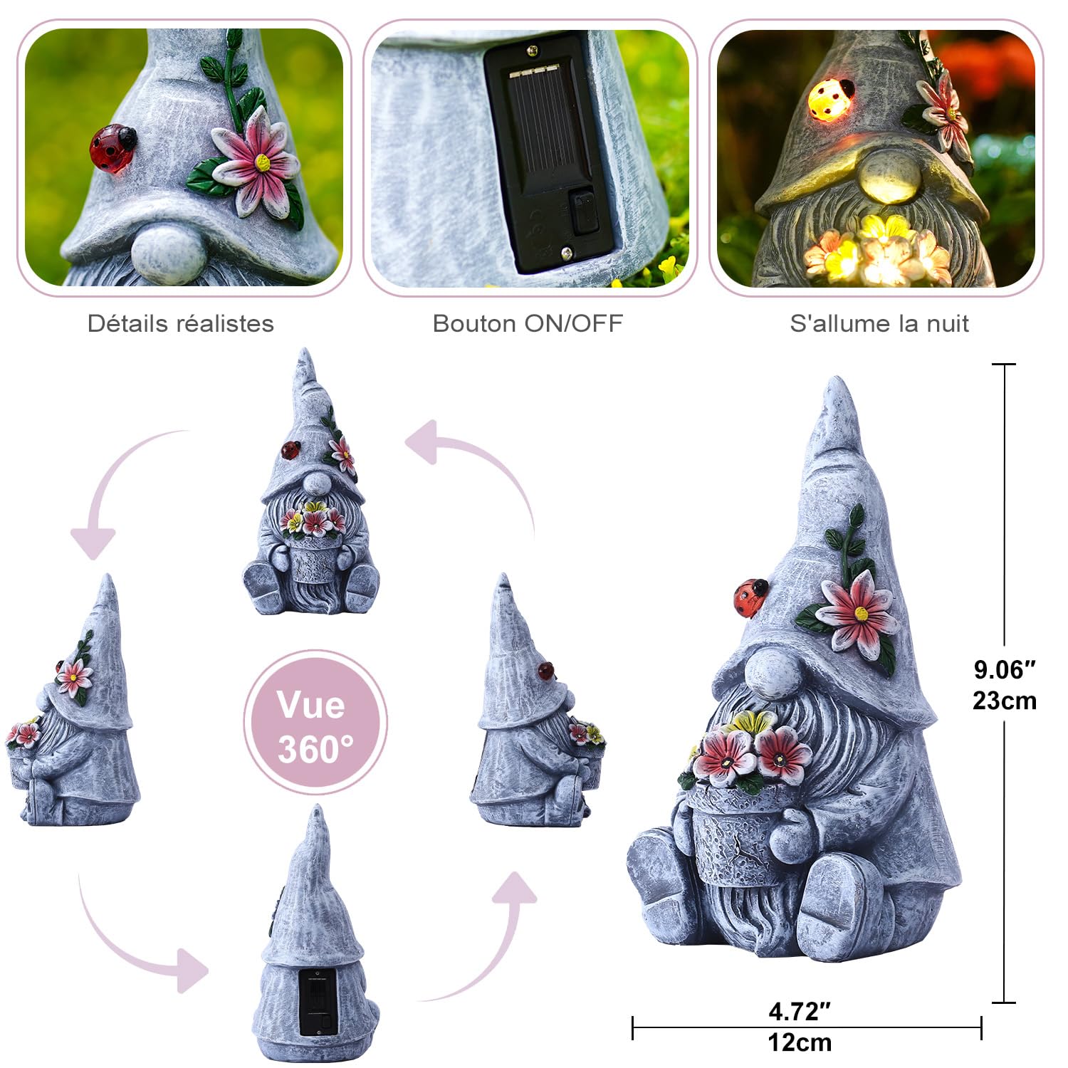 Yeomoo Nains de jardin Figurines solaires pour décoration de jardin extérieure : drôle nain de jardin avec fleurs lampes solaires décoratives cadeaux pour femmes hommes maman cadeau d'anniversaire