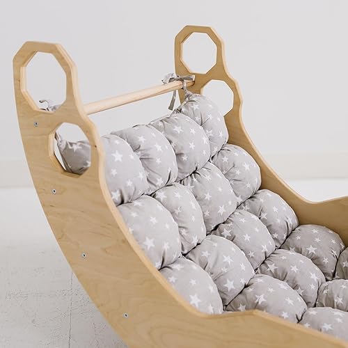 WOOD&ROOM Arco grande con cojín para niños Montessori madera escalador mecedora interior para niños pequeños y niños, balancín de color natural con