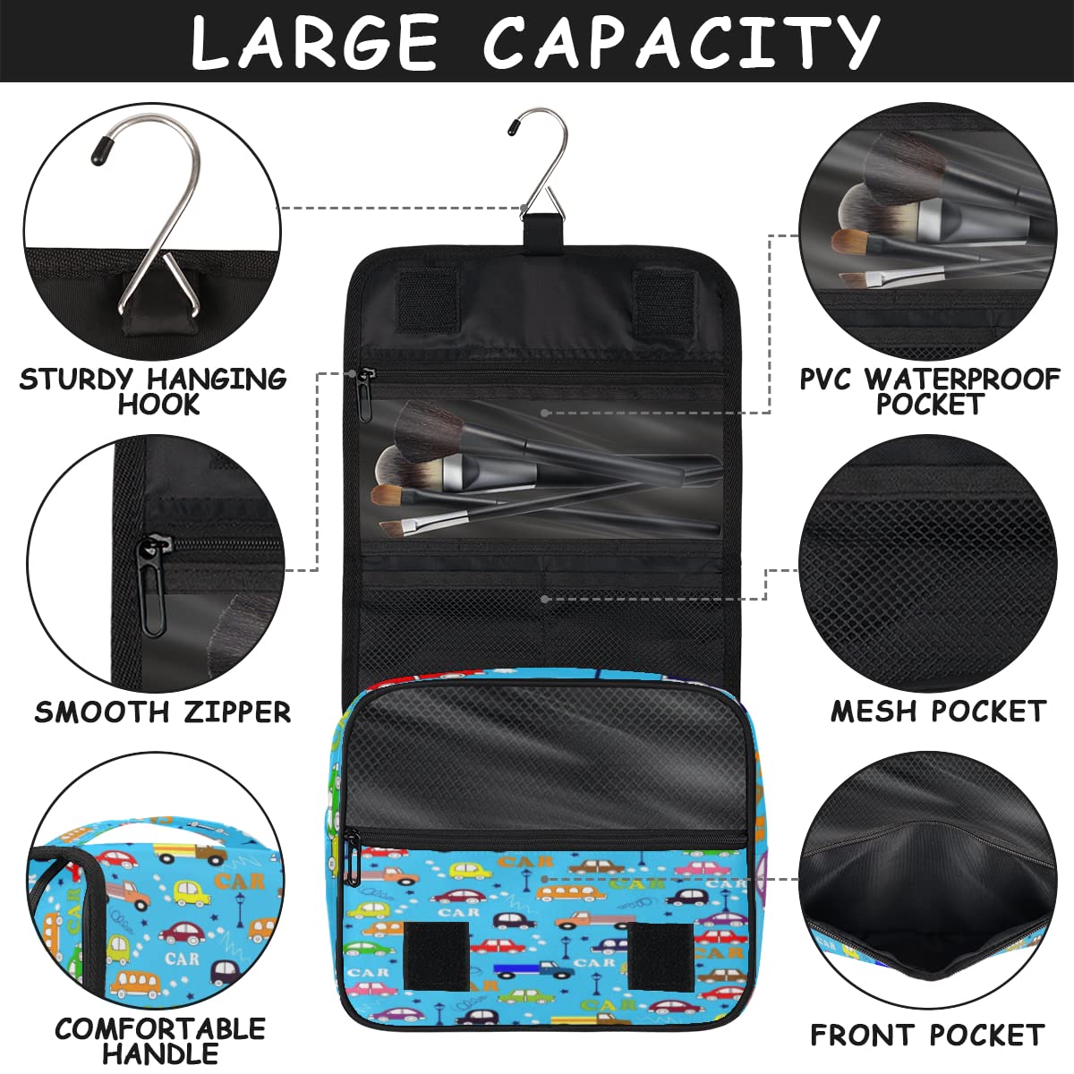Podróżna kosmetyczka samochodowa kreskówka autobusy myjnia samochodowa torba unisex wiszące przybory toaletowe organizer na kosmetyki, wielobarwny, Jeden rozmiar