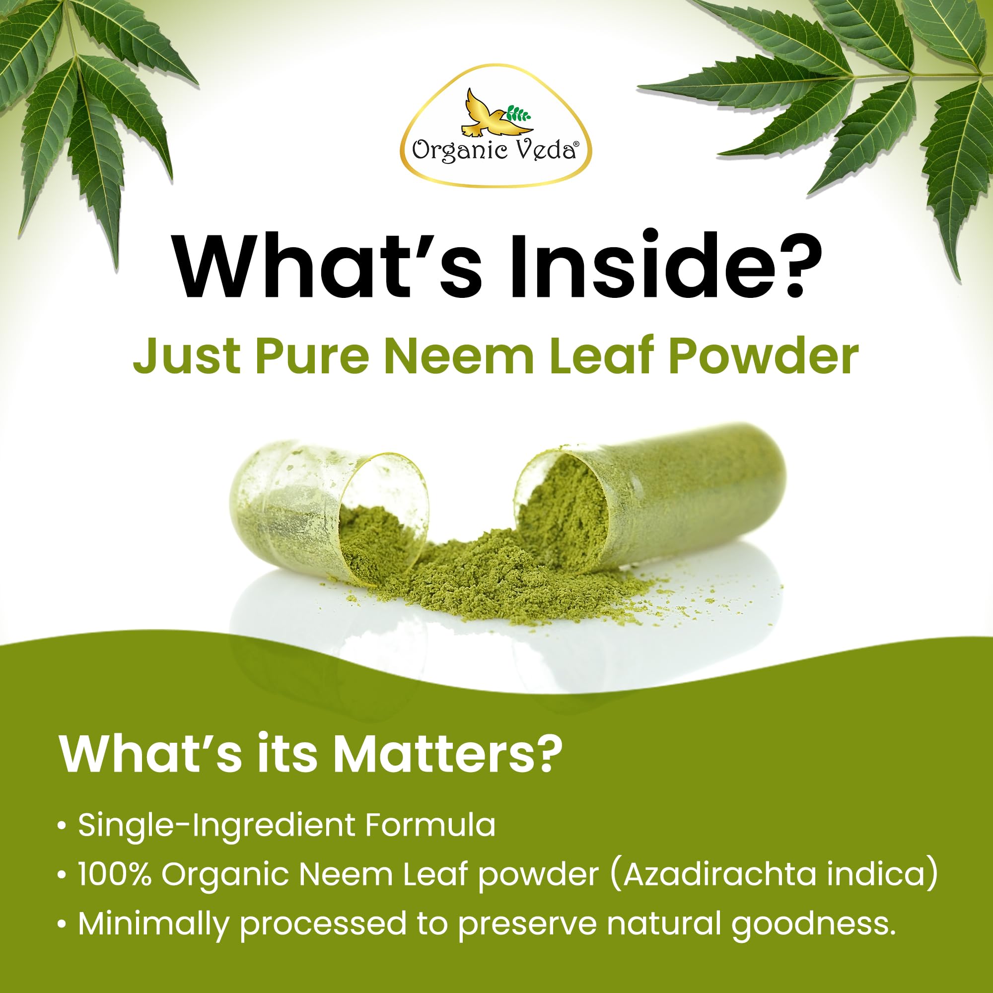 Organic Veda Neem Capsules – Herbal Supplement for Clear Skin, Immune & Gut Health For Men & Women - Single Origin True Green Neem Leaf Powder - Purifying & Cleansing Ayurveda Herb, 120 Vegan Capsules — Amazon image 3