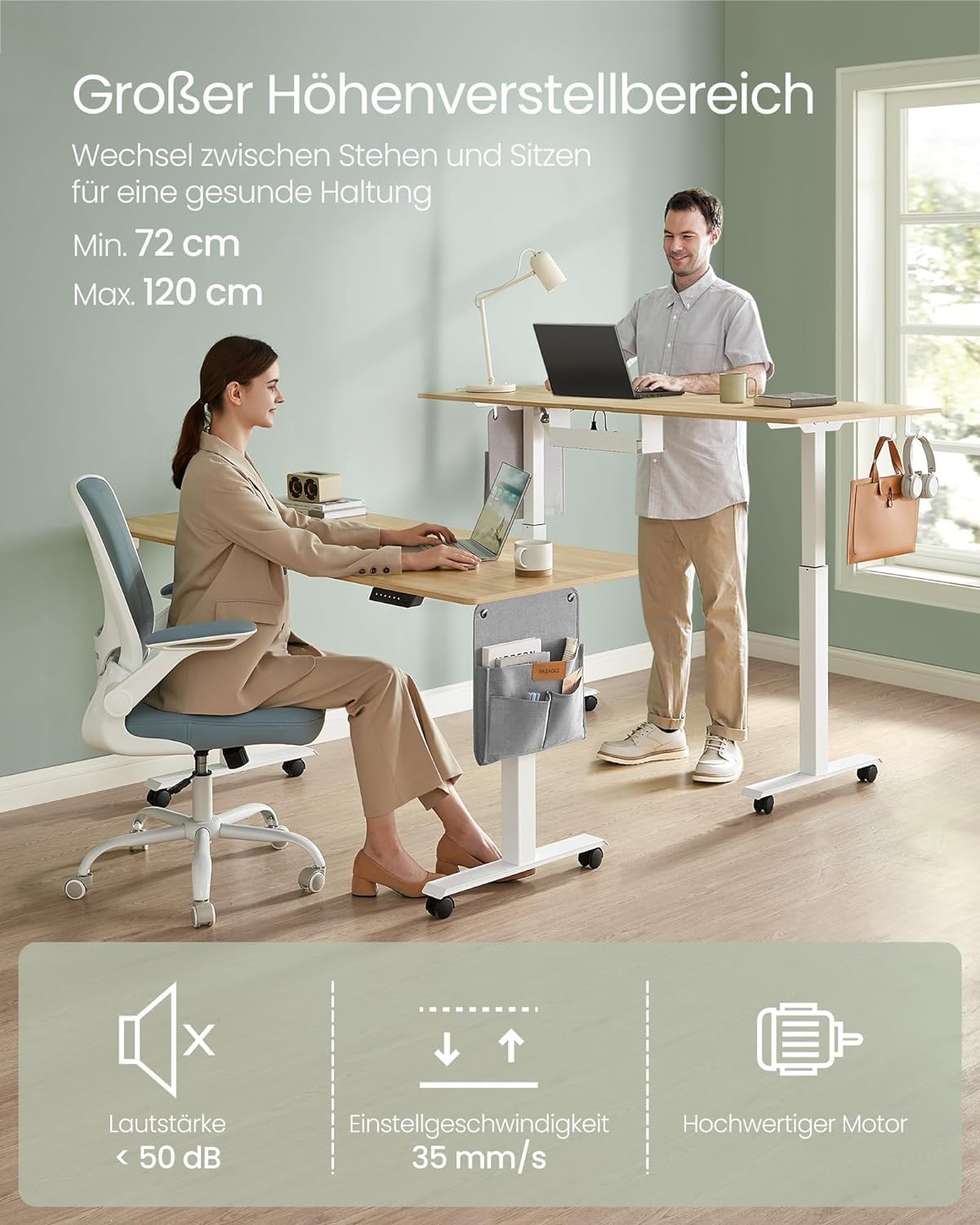 Man and woman using the height-adjustable desk in sitting and standing positions