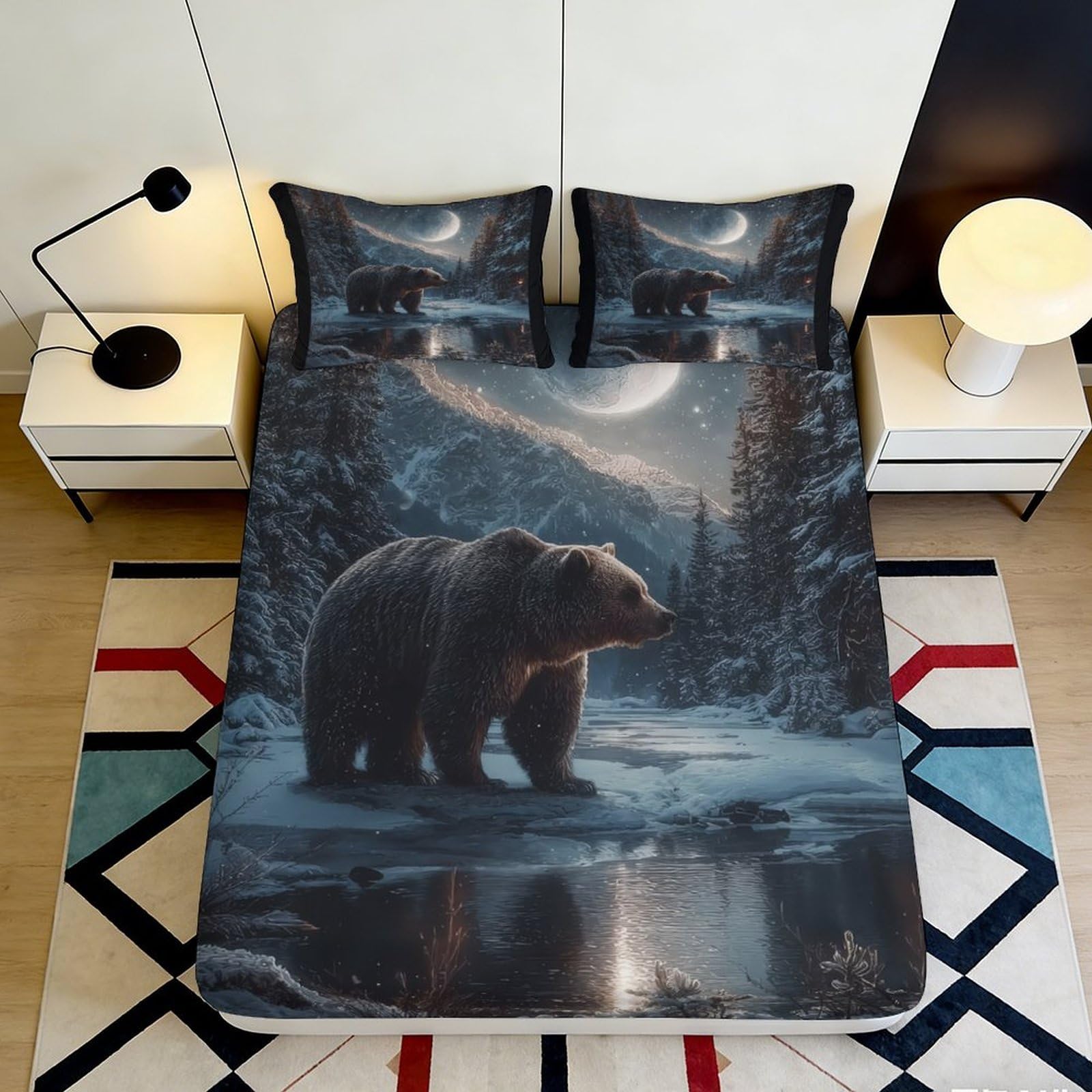 3D Printed Moonlit Bear Fitted Sheet Microfiber Non-Slip Forest River Mattress Cover Bedroom Decor 120x200cm 160x200x25cm