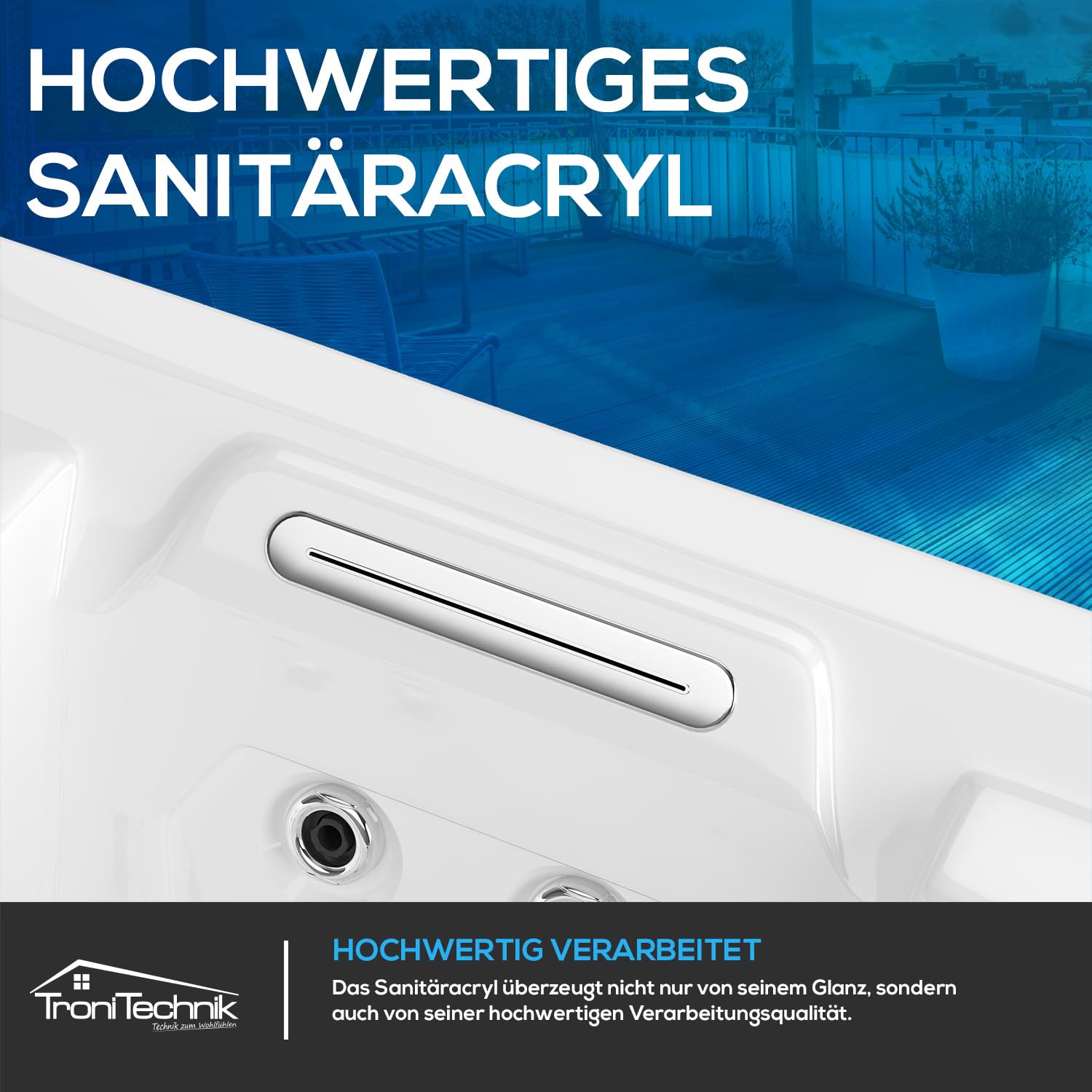 Tronitechnik® Outdoor Whirlpool Spa TORCELLO außen Badewanne weiß 210cm x 210cm mit Heizung, Hydromassage und Farblichtherapie