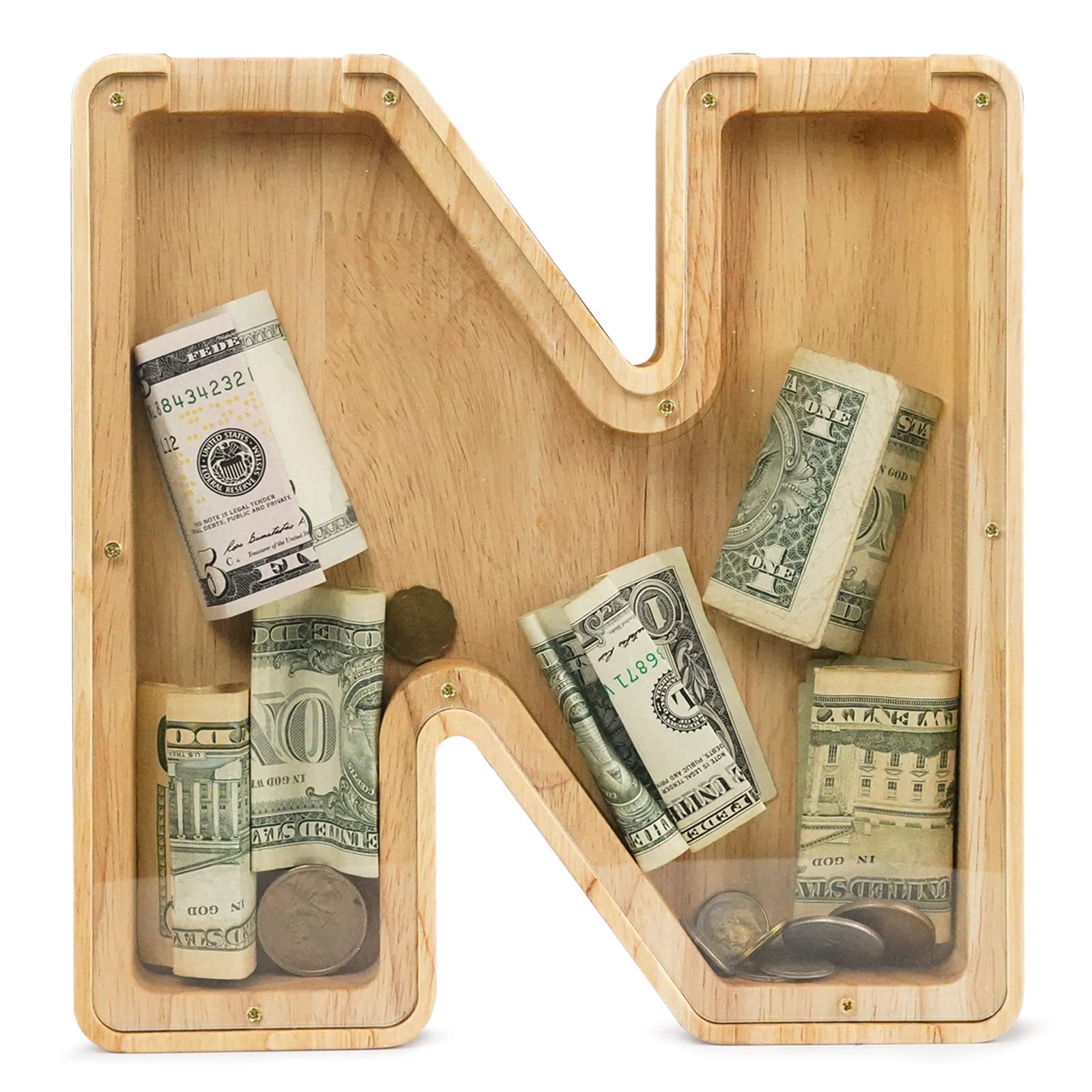 WOOD CITY Letter Piggy Bank for Adults Boys Girls Kids, Wooden 9 inch Large Personalized Bills and Coins Bank Money Box, Customized Name DIY Creative