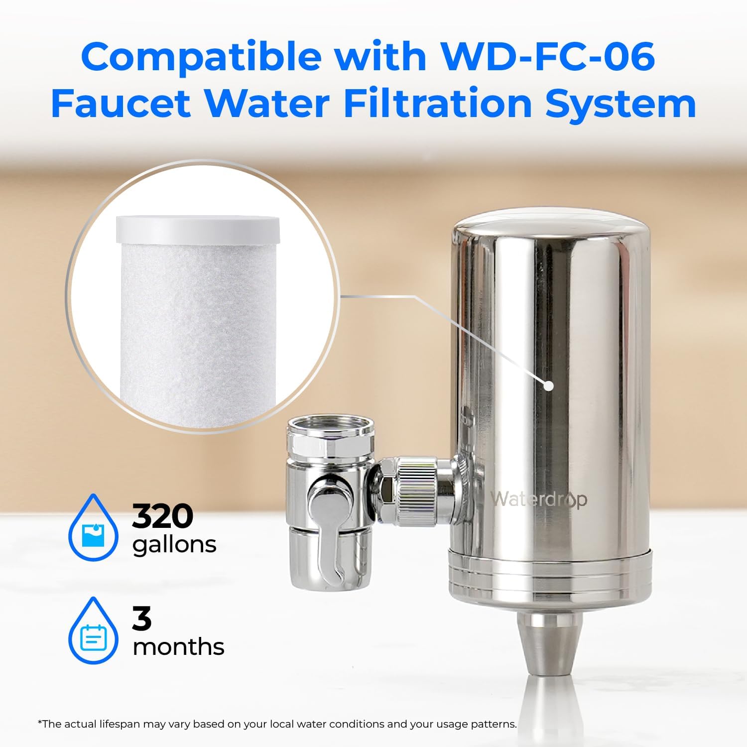 Waterdrop WD-FF-03A Faucet Replacement Filter Carbon Block Filter Fits WD-FC-01 WD-FC-02 WD-FC-06 Reduces Chlorine Heavy Metals and Bad — view 2