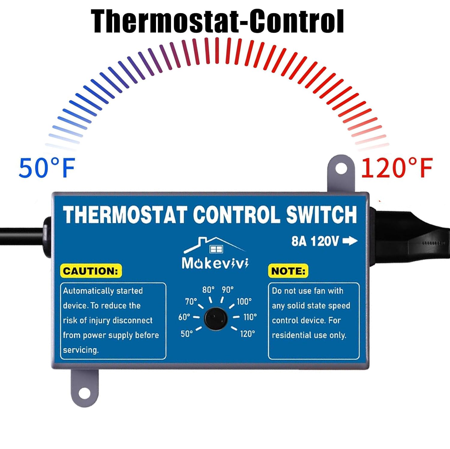 Paquete de 2 controladores de termostato para ventilador de ático, interruptor de control de temperatura ajustable con enchufe, protector de sobrecarga y sobretensiones, termostato de ventilador de