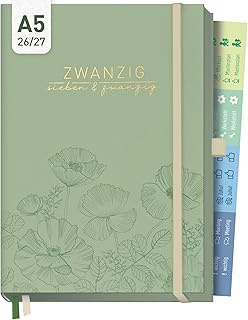 Häfft® Business-Timer Deluxe 2026 2027 A5 für 17 Monate: August 2026 bis Dez. 2027 - Buchkalender, Terminplaner, Wochenkalender, Wochenplaner "Green Poppy"