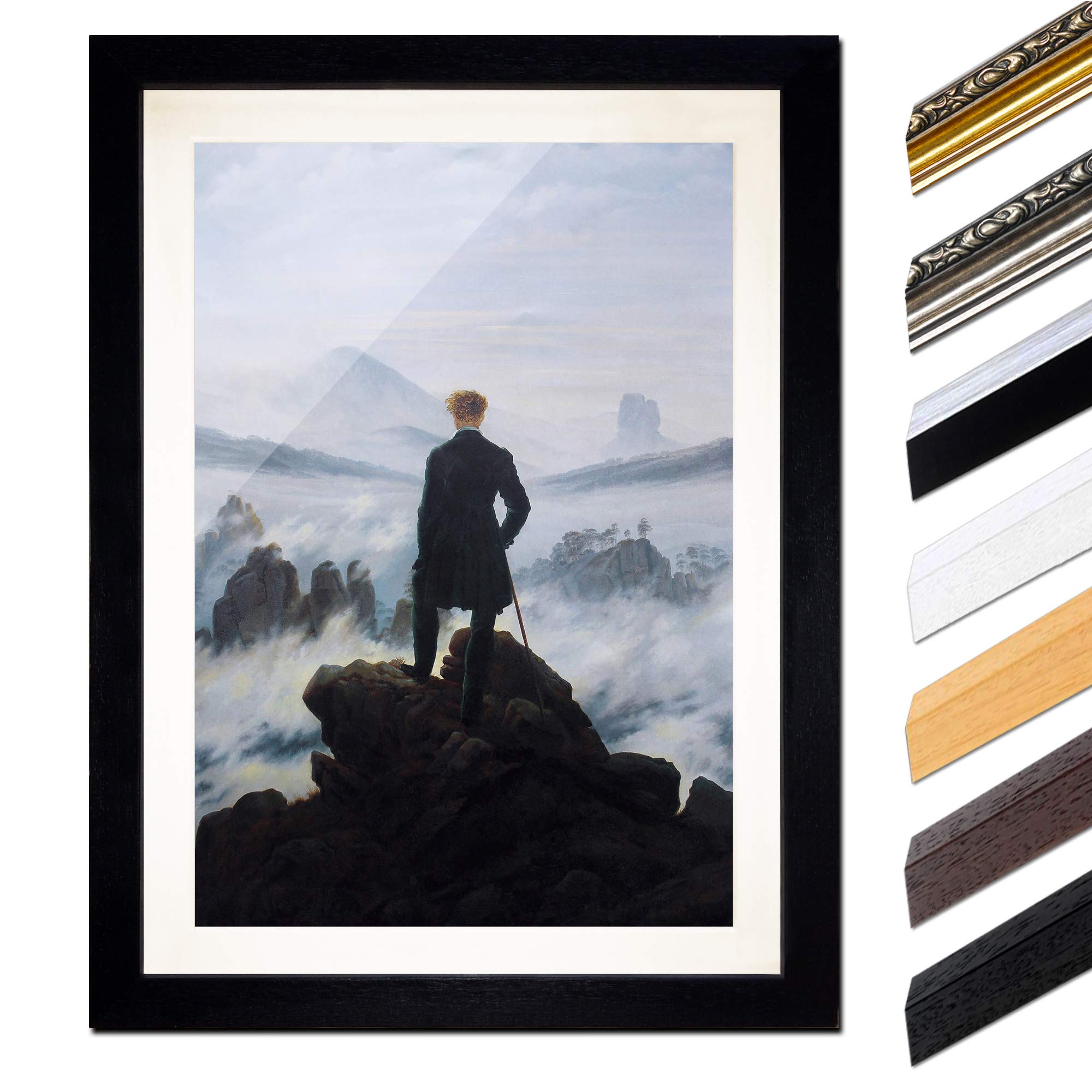 Bilderdepot24 Bild mit Rahmen - Caspar David Friedrich Der Wanderer über dem Nebelmeer 40x60 cm ca. A2 - Gerahmter Kunstdruck inkl. Galerie Passepartout Alte Meister - Rahmen schwarz