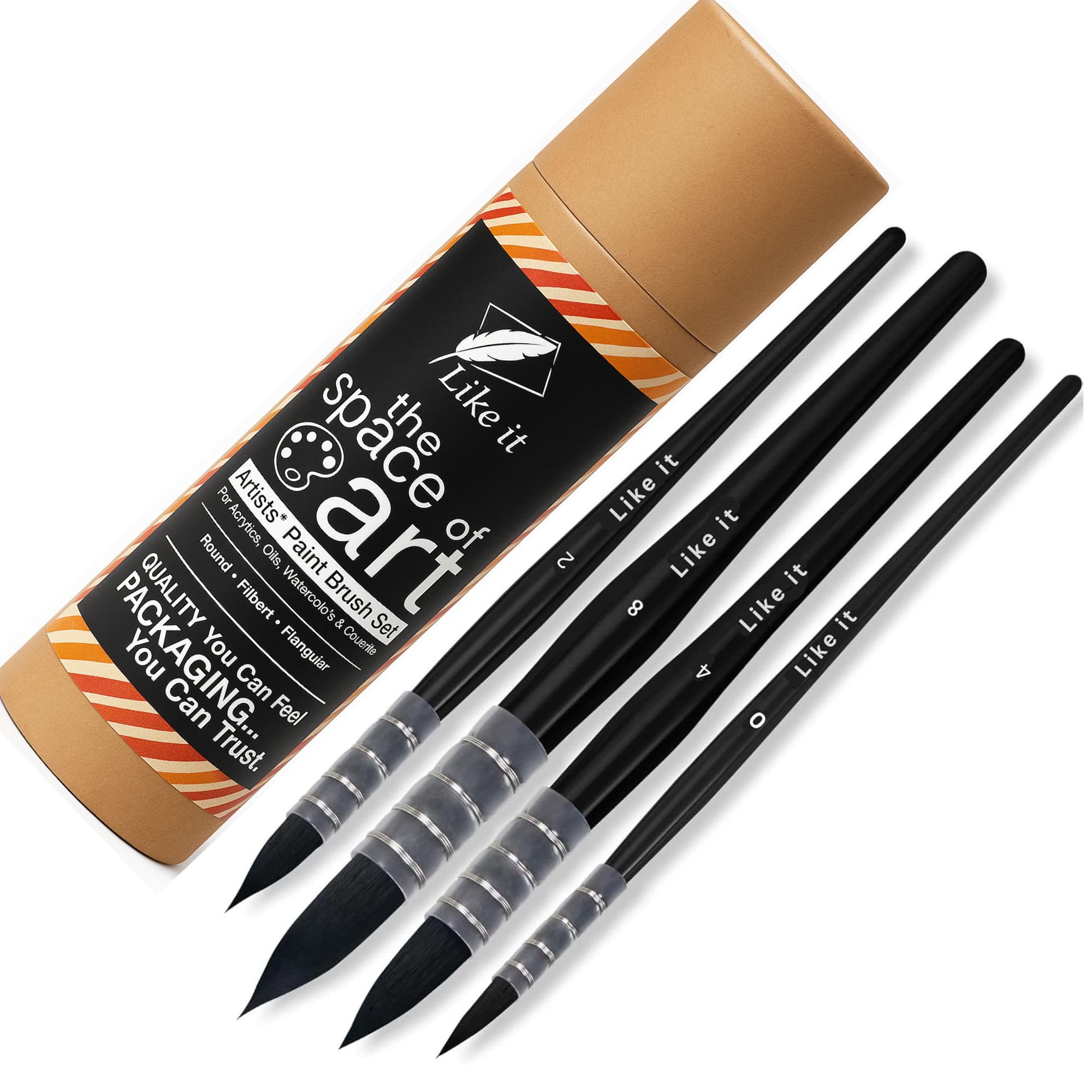 LIKE IT Round Mop Brush Set of 4 | Fine Tip Synthetic Hair Paint Brushes for Acrylic Watercolor Gouache Art and DIY Painting Applications
