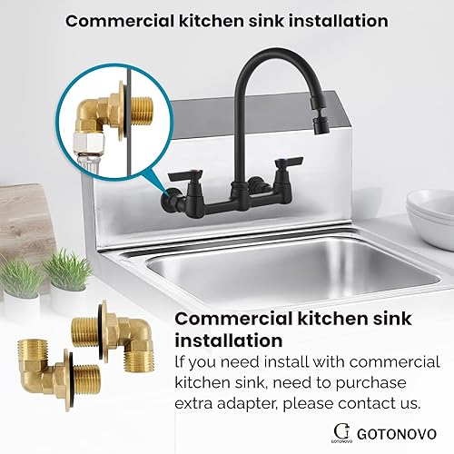 Miniatura 6 de gotonovo Grifo de cocina de montaje en pared negro mate de 8 pulgadas centro ajustable de 360 grados giratorio de 360 grados grifo de fregadero de