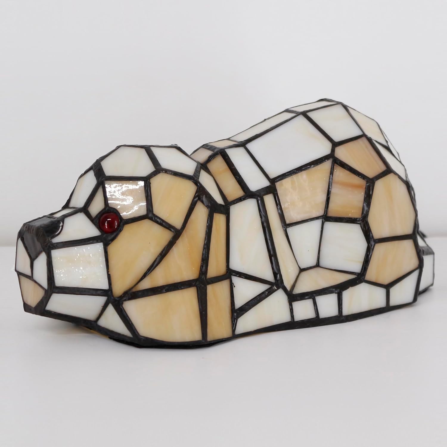Small Tiffany Lamp Stained Glass Animal Table Lamp Mini Accent Desk Light (Amber White Dog)