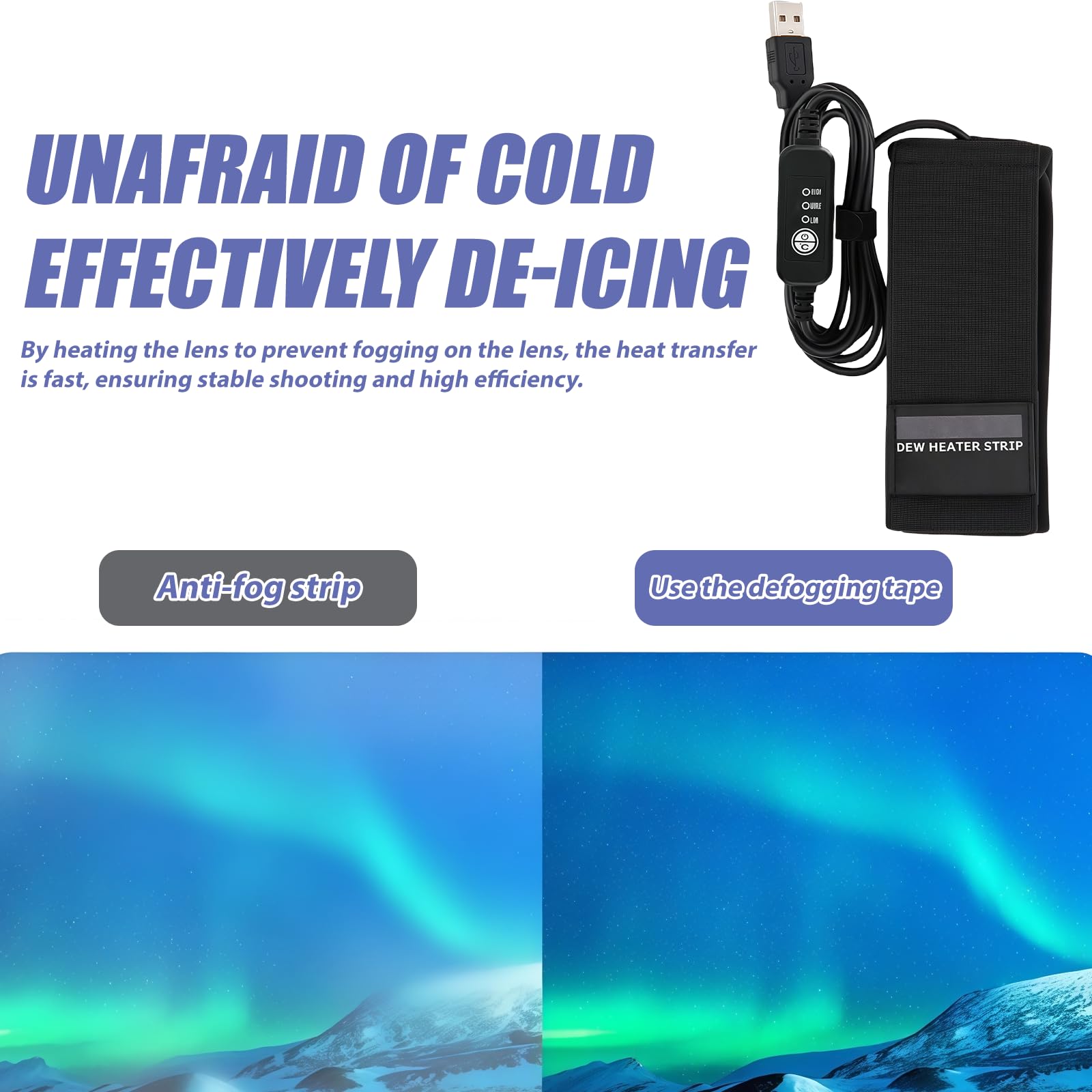 Chauffe-objectif USB pour objectifs 80-120 mm, 3 températures réglables, bande chauffante anti-rosée