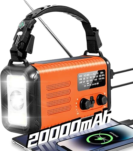 Miniatura 9 de Radio de emergencia de manivela, radio meteorológica de 20000 mAh / 74000 mWh con manivela solar, NOAA/AM/FM, radio alimentada por batería con