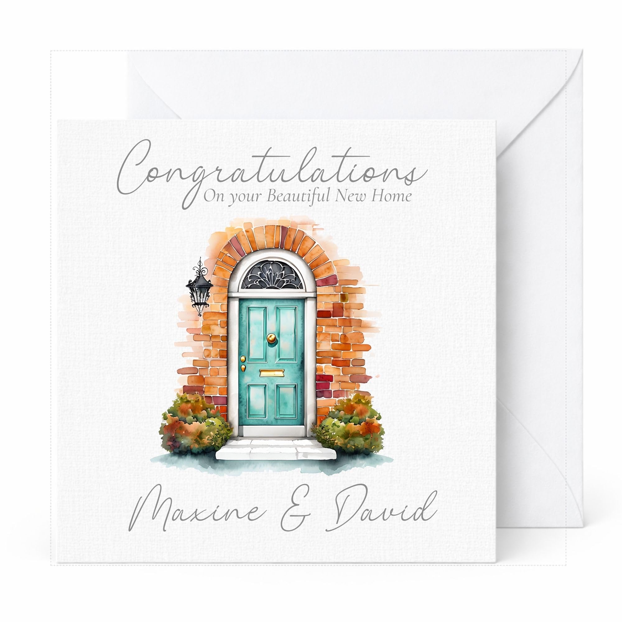 Personalised New Home Card with Names, Welcome to Your New Home Card for Couple, Watercolour Teal Door and Brick Archway Design, Handmade Housewarming Keepsake