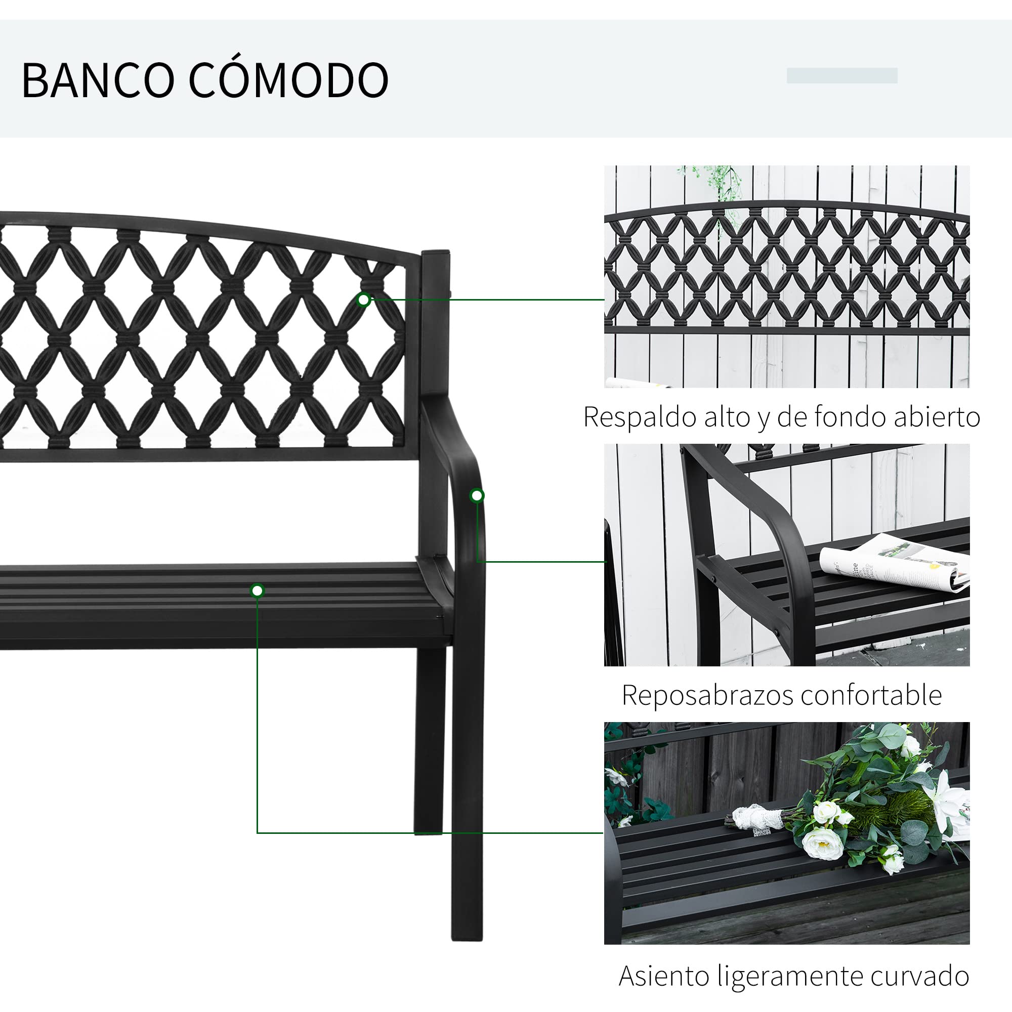 Outsunny Banco de Jardín de 2 Plazas con Respaldo 128x58,5x89 cm Negro | Decorativo y Reposabrazos, para Terraza Balcón Patio Exterior, Carga 240 kg, Hierro Fundido y Acero