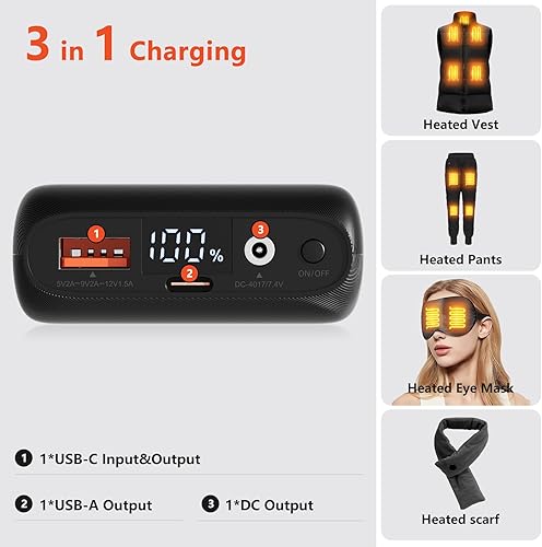 Miniatura 3 de 7.4 V 16000 mAh Chaleco calentado Batería para amplia gama de ropa calentada, 7.4V5V Banco de energía recargable USBTipo-CDC Salida para chaleco