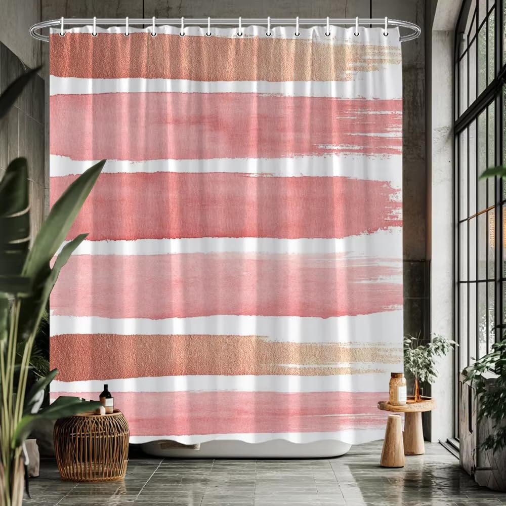 KELAIMI Pink Watercolor Shower Curtain,Simple Blush Stripe Bathroom Curtain,Waterproof Quick-Drying Boho Simple Aesthetic Bath Curtain with Hooks Pink 180X210Cm