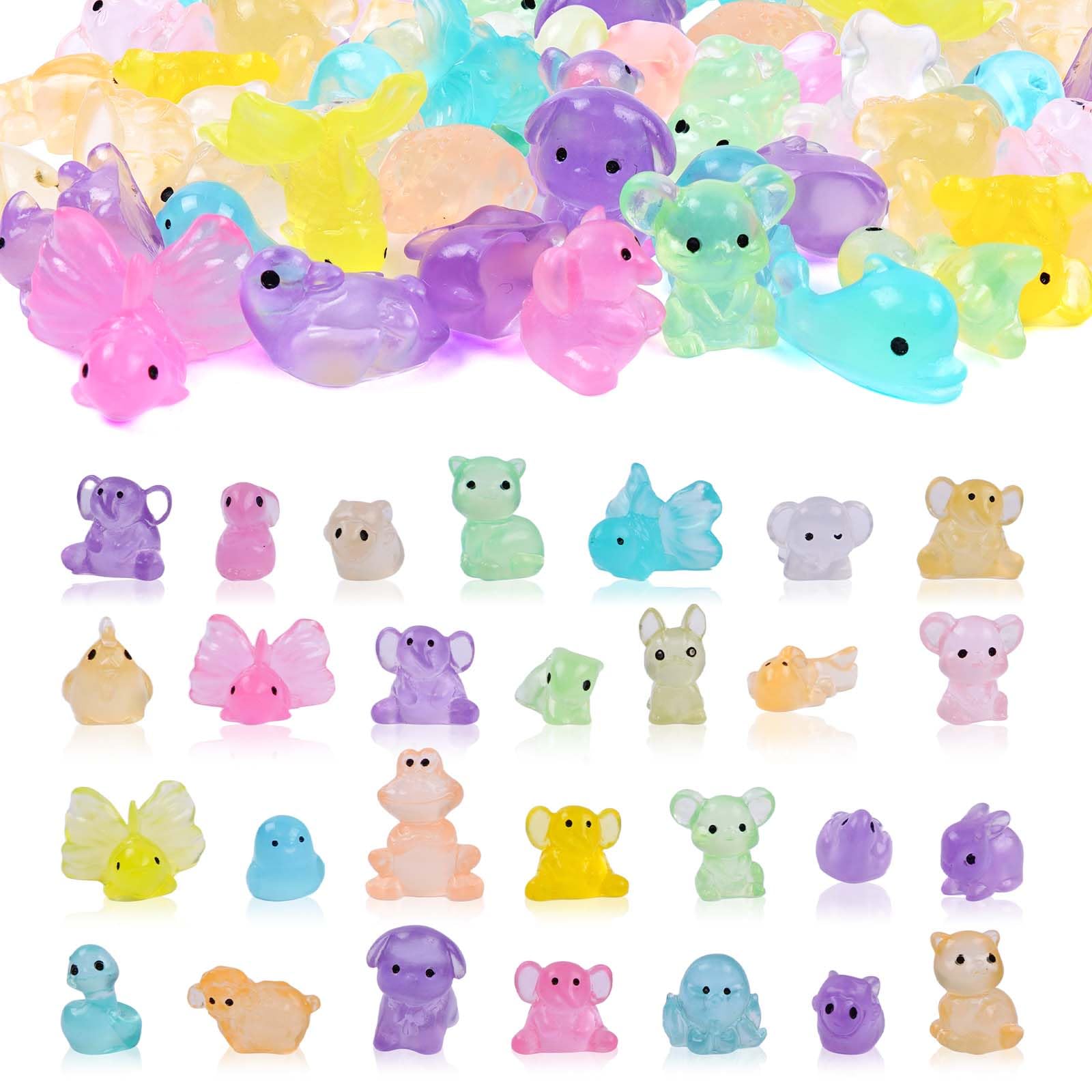 50 Pcs Luminous Mini Resin Animals Bulk - Assorted Tiny Luminous Figurines for Fairy Gardens, Aquarium, DIY Crafts & Party Decorations