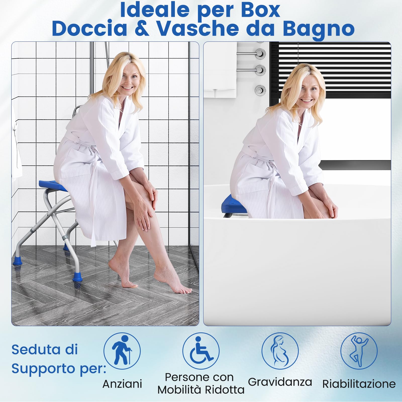 RELAX4LIFE Sgabello da Doccia Pieghevole, Sedia per Doccia in Alluminio, Altezza Regolabile 49-52,5 cm, Piedini Antiscivolo in Gomma, Sedile da Bagno per Anziani e Disabili o Riabilitazione (Blu)