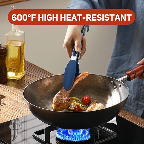 Vista 8 de Pinzas de cocina, pinzas de acero inoxidable con silicona para cocinar a 600ºF de alta resistencia al calor, pinzas de bloqueo para barbacoa, juego