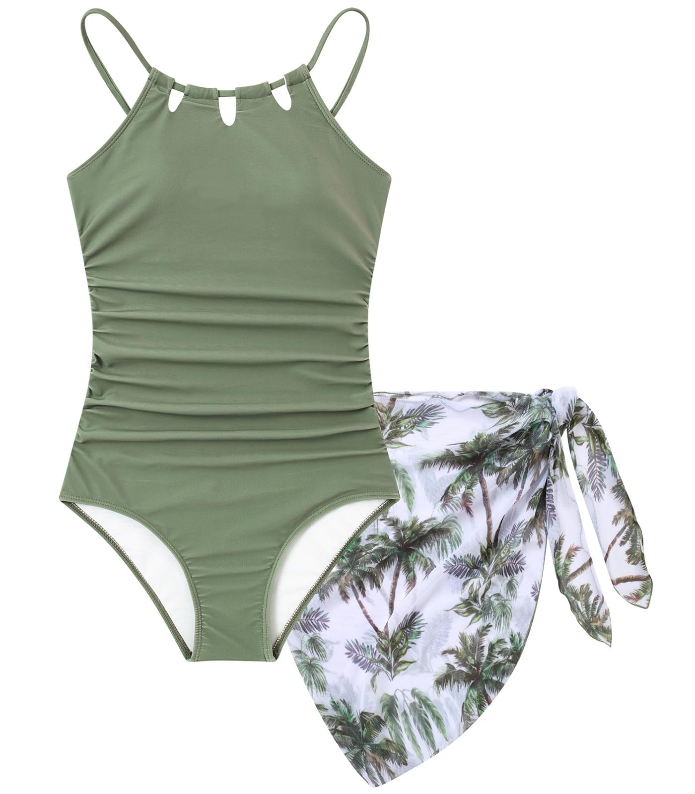 Girls Swimsuits One Piece Quick Dry Bathing Suit with Mesh Cover Ups Adjustable Straps Cut Out Beach Swimwear 7-16Y - 1
