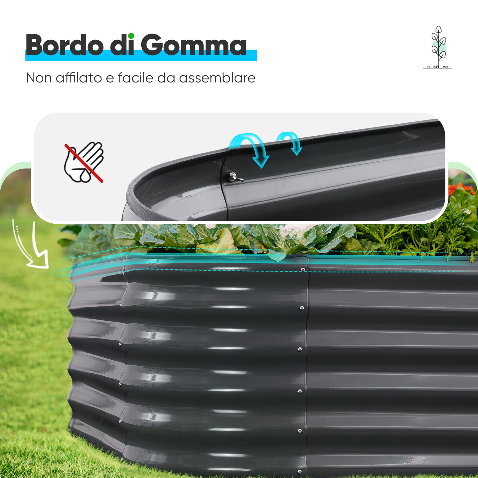 Quictent Kit di Orto RiAlzato Galvanizzato, Fioriera Ovalata in Metallo per Verdure all'Aperto e Giardino, 180x90x45cm