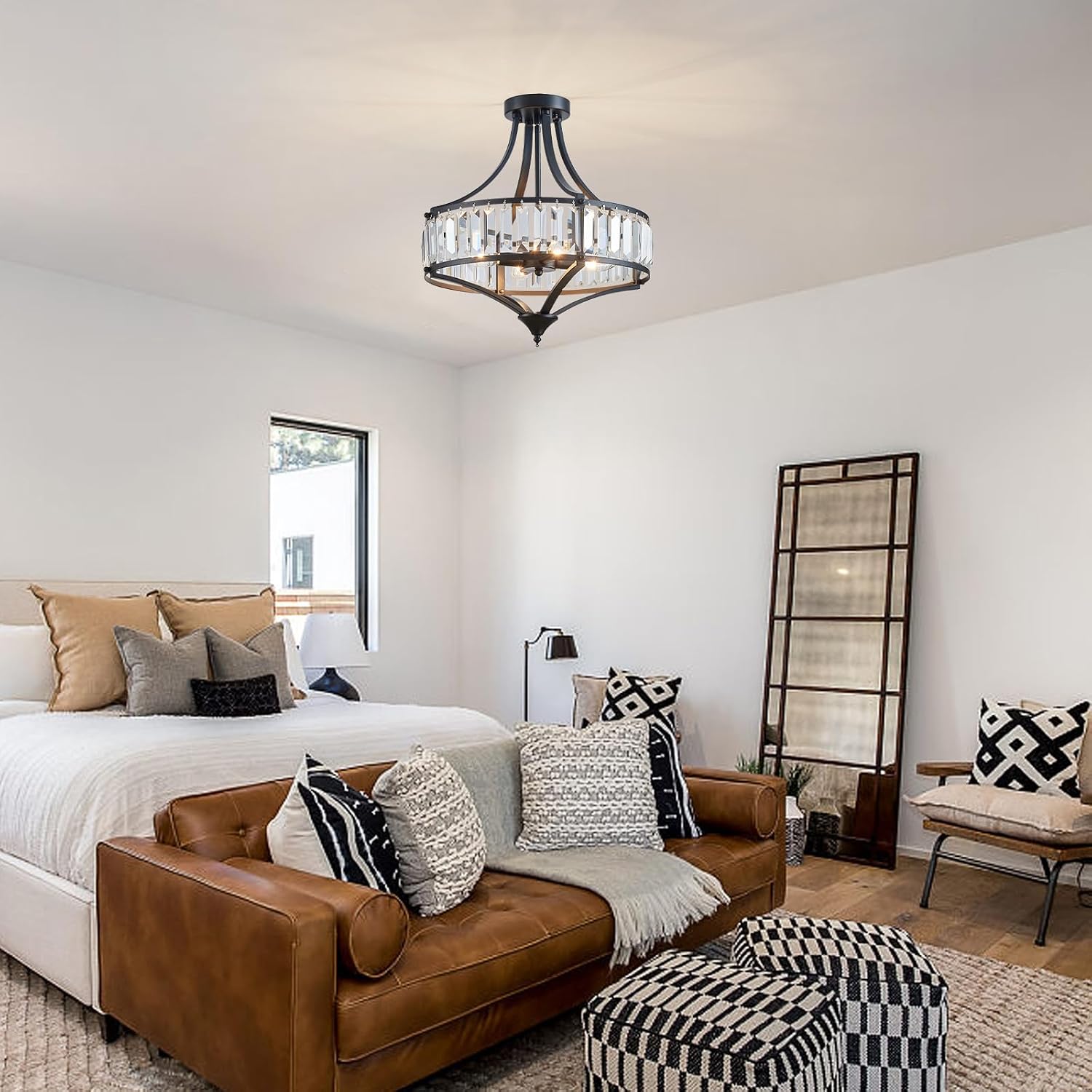 Black Crystal Chandelier Semi Flush Mount Ceiling Light Fixture Round Rustic Farmhouse 4-Light Mid Century Modern Chandelier for Hallway, Bedroom, Foyer, Entryway, Closet