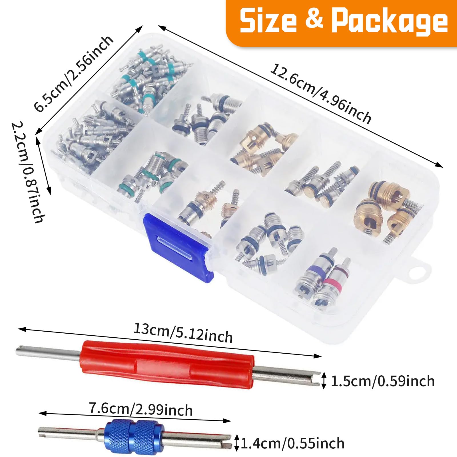 100 Pièces Valve Pneu R134A A/C avec 2 Dissolvant Double Tête, 1 Boîte Rangement, Kit Outils Noyaux Valve Clim Réfrigération Voiture pour Vélo, Moto, Climatisation Réparer Remplacement et Entretien