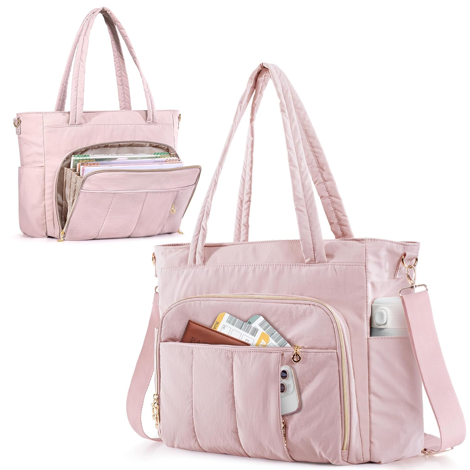Teacher Tote Bag for Work with Accordion Pockets Crossbody Strap Large Laptop Tote for School