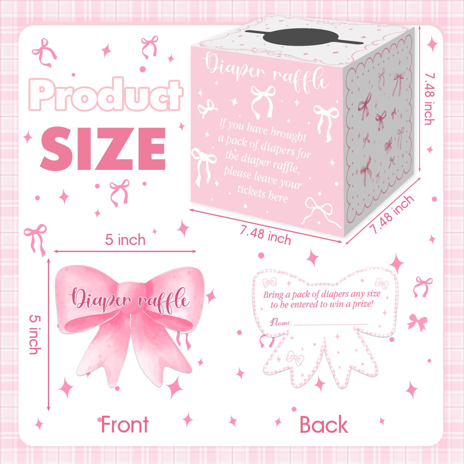 Decoraciones de baby shower con lazo rosa, caja de rifa de pañales para baby shower con 50 tarjetas de fiesta para niños, juego para niñas, decoración de baby shower, boletos de rifa de baby shower