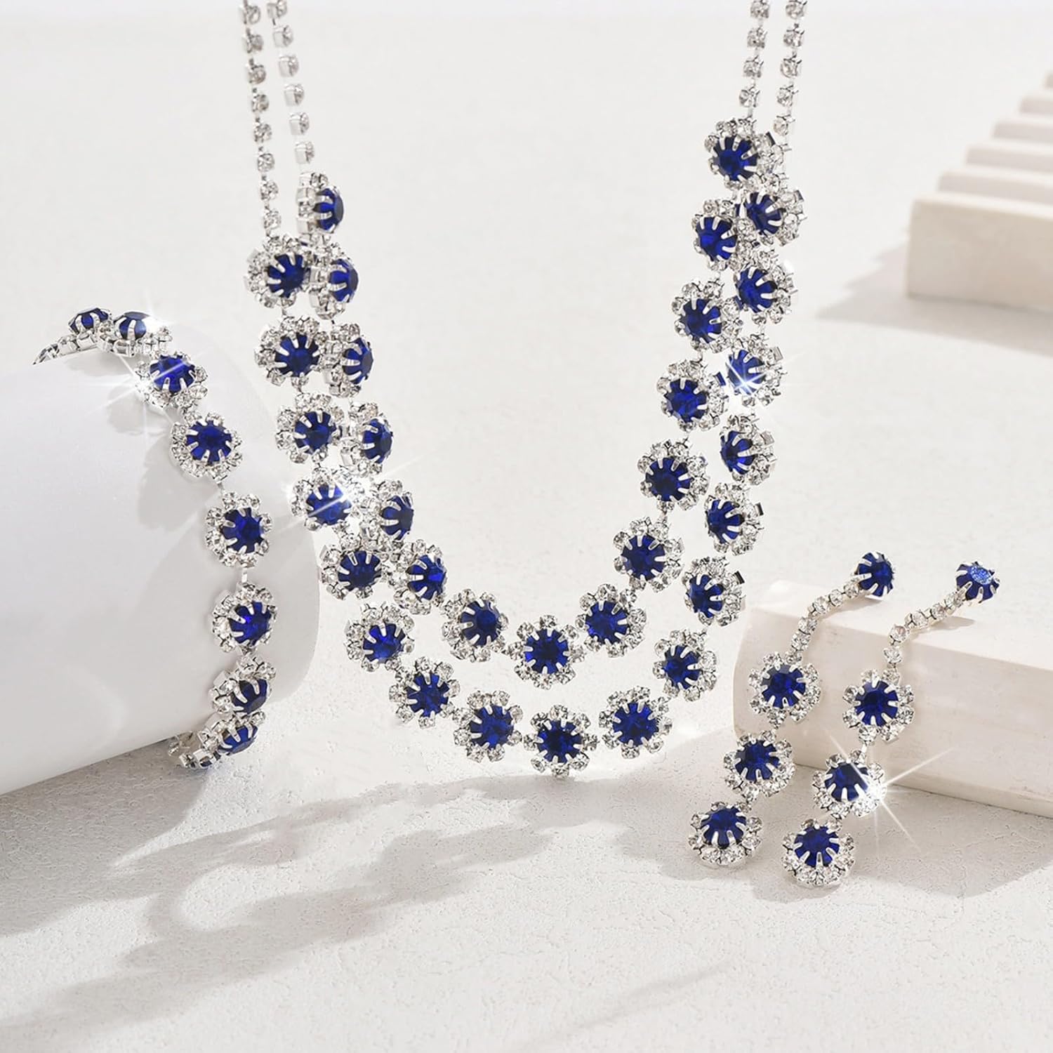 Rhinestone Prom Jewelry Set for Women Sparkly Crystal Necklace Earrings Bracelet Set Wedding Brides Bridesmaid Jewelry Sets Costume Accessories - Image 4