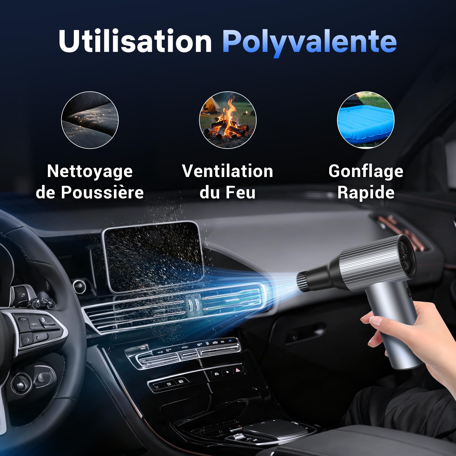 Solareye Souffleur Air Comprimé, 300000 TR/Min de Pulvérisation d’Air Comprimé avec Batterie 75000mAh, Soufflette Voiture, Bombe Air Sec pour Clavier, Électronique, Air Comprimé Nettoyage PC