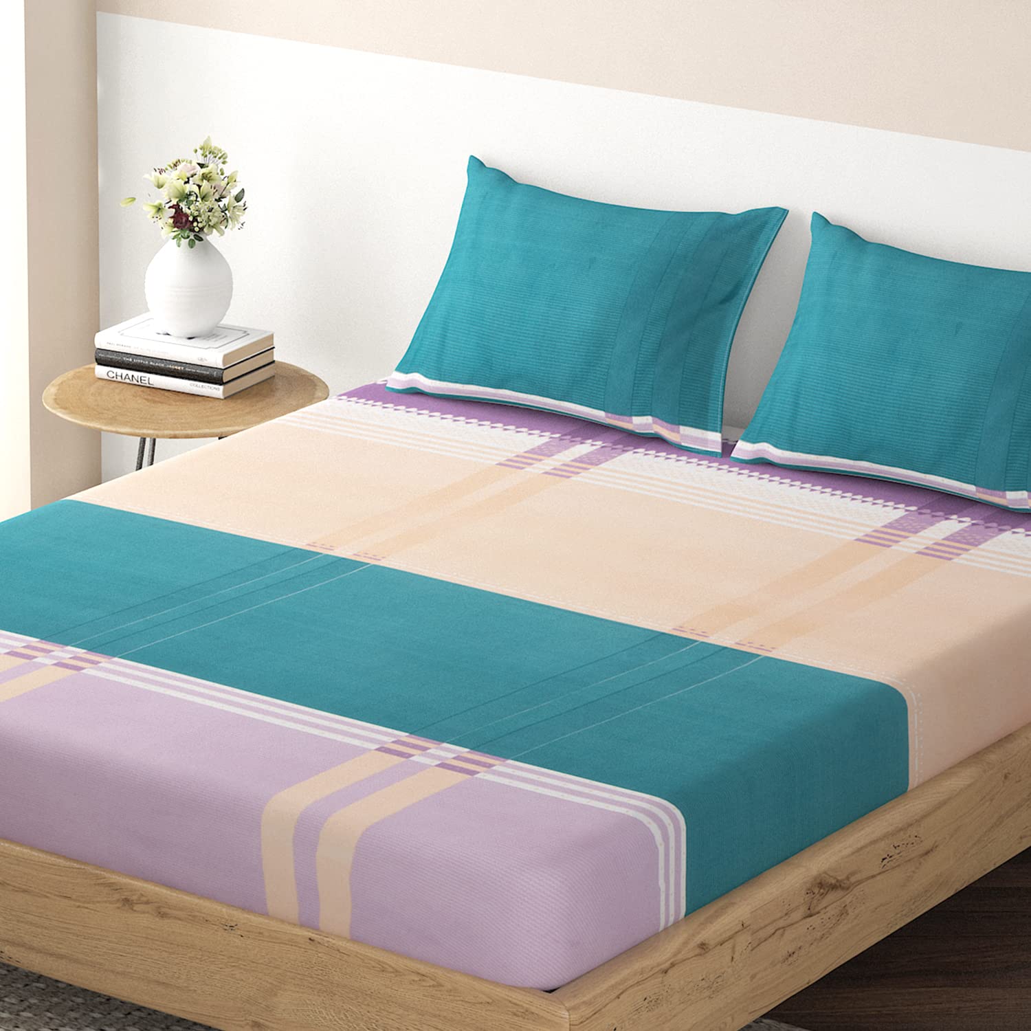 HOKIPO Brushed Microfiber 135 GSM Fitted Bedsheets Queen Size Double Bed, 78 x 60 inches with 2 Pillow Cover, Checks Teal Blue (IN-631-D9) (B0C55K3KBM) Amazon Price History, Amazon Price Tracker