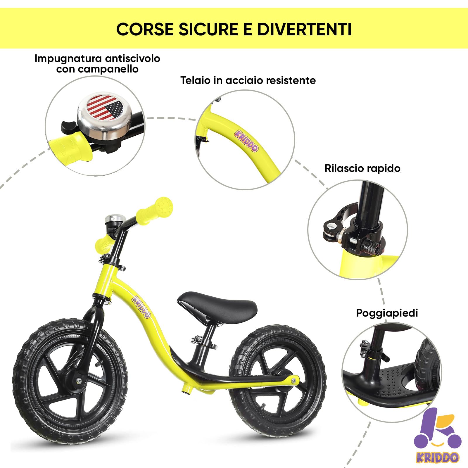 KRIDDO Bicicletta Senza Pedali per Bambini di 2 Anni, Età 24 Mesi a 5 Anni, Bicicletta Interattiva per Apprendimento Precoce con Stabilità, Regalo per Bambini e Bambine di 2-5 Anni