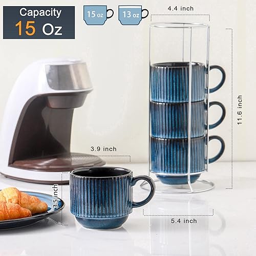 Vista 51 de Hasense Juego de 4 tazas de café de cerámica con soporte, 15 onzas, apilables, grandes, de porcelana, acanaladas, para capuchino, té, cacao