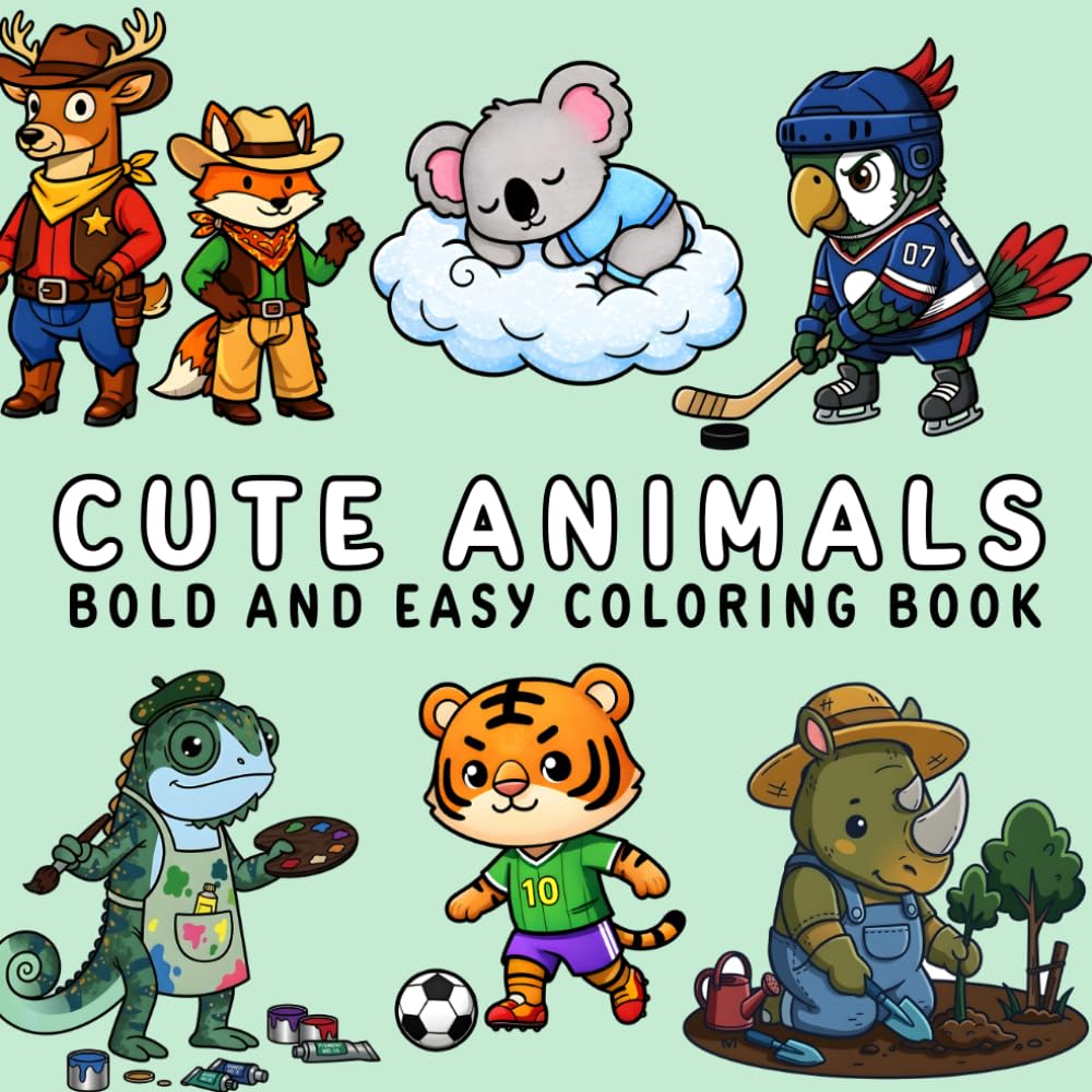 Cute Animals: Coloring Book for Adults and Kids, Bold and Easy, Simple and Big Designs Featuring Cute and Simple Characters for Relaxation
