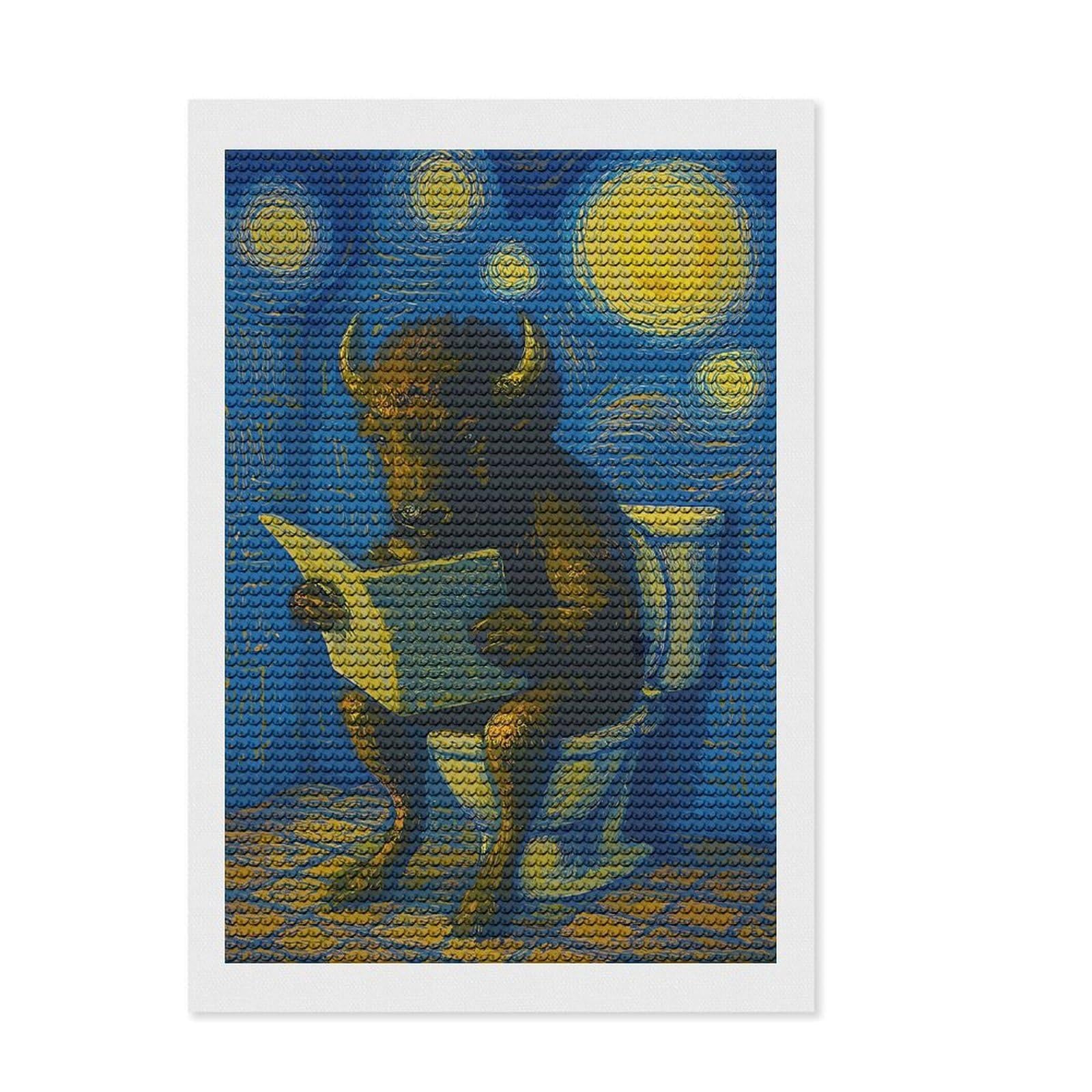 Junmoney Buffalo Reading on Toilet, Starry Night Diamond Art Canvas 8"x12", for Creative Relaxation, Pleasing Wall Art Project, Aesthetic Room Decor, Christmas Gift