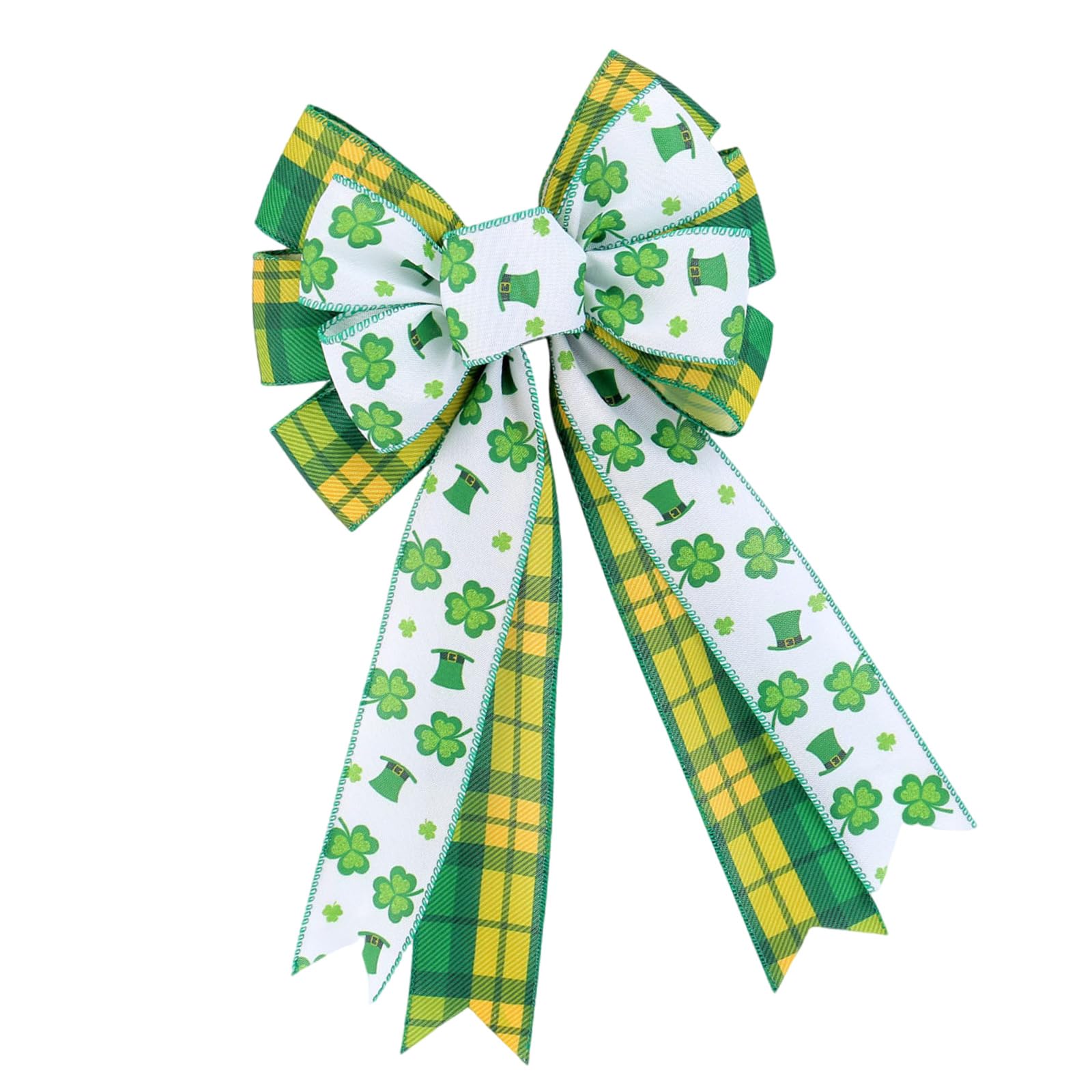 Hsioluted Large Green Burlap Clovers Bowknot Elegant Green and White Checkered Bowknots Accessory for Irish Holiday Wreaths Outdoor Decorations