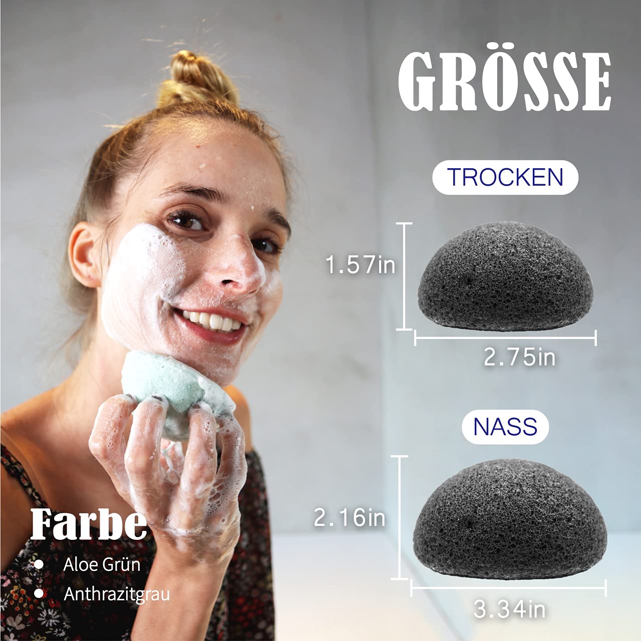 myHomeBody Konjac gąbka do twarzy, naturalne gąbki do twarzy Konjac, do delikatnego oczyszczania twarzy i peelingu, z węglem aktywnym i aloesem, zestaw 4 szt.