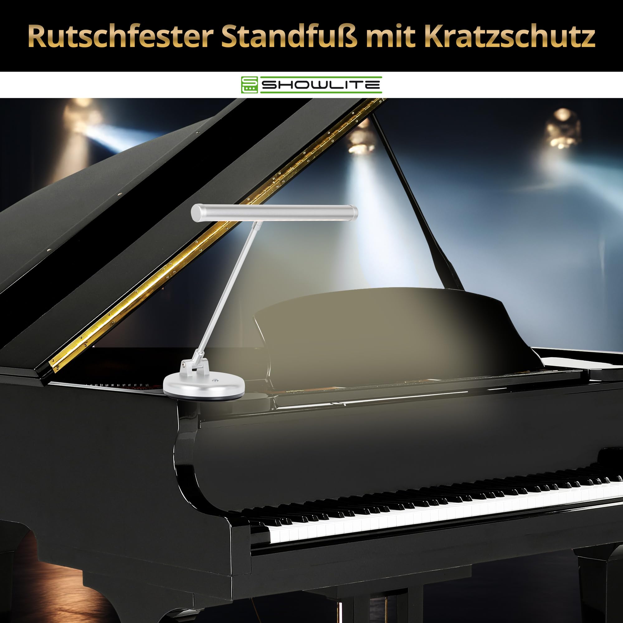 Showlite PL-1-SL-KW LED Klavierleuchte - Klavierlampe mit 15 LEDs - warmweißes Licht in 2 Stufen - 36 cm Höhe - Betrieb per USB, Netzstrom oder Batterie - silber matt
