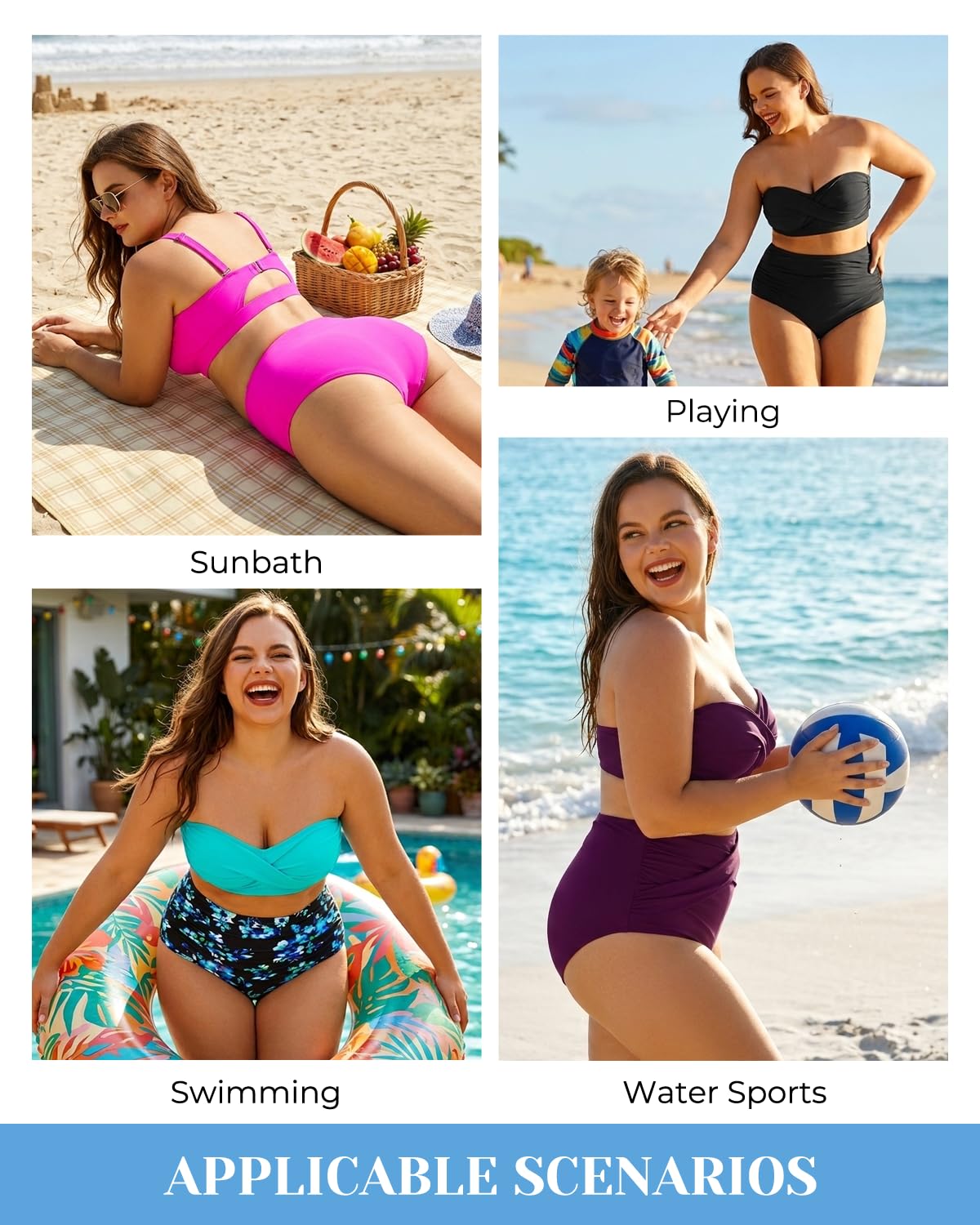 Yonique Zweiteiliger Damen-Badeanzug, Übergröße, hohe Taille, Bandeau-Bikini, Bauchweg-Badeanzug