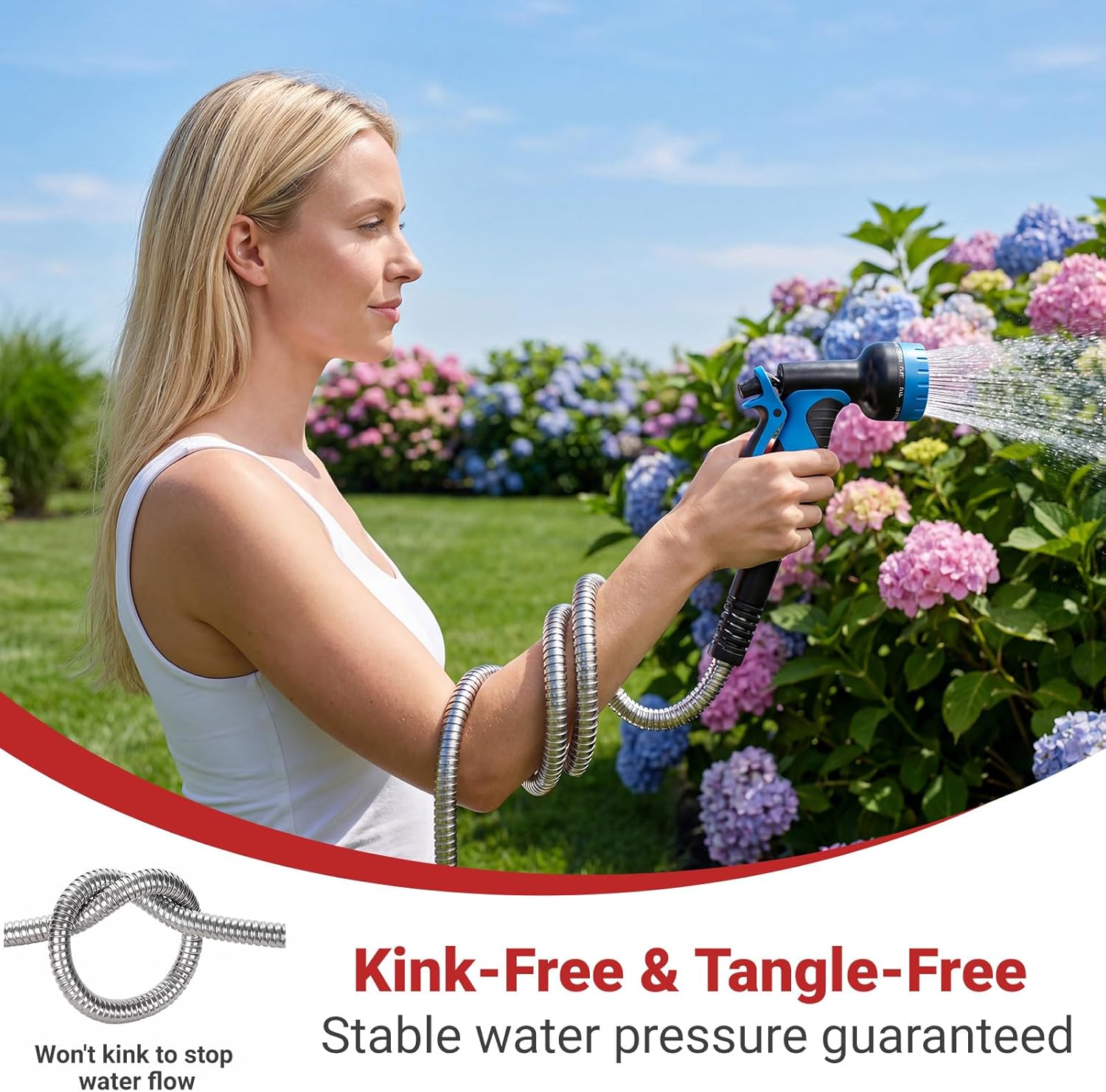 Lefree 100ft Metal Garden Hose - Heavy Duty 304 Stainless Steel Flexible Water Hose, No Kinks & Leak-Proof with Upgraded Handle, 10-Function Spray Nozzle & 4 Spare Gaskets for Yard, RV, Pet Bath - Image 6