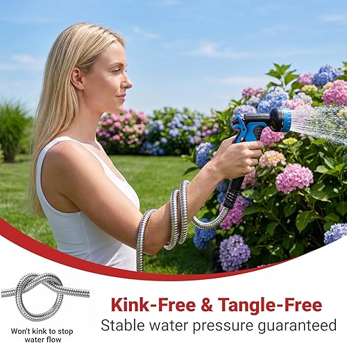 Miniatura 6 de Lefree Manguera de jardín de 75 pies, manguera de jardín de metal, manguera de acero inoxidable con boquilla de 10 funciones, manguera de agua