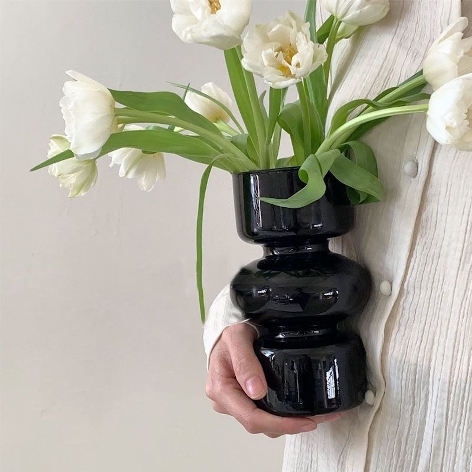 BLOFLO - Jarrón hidropónico de vidrio negro, jarrón de vidrio de 7 pulgadas para flor, moderno jarrones florales geométricos de tres capas para oficina en casa, decoración de mesa de boda (negro) 3